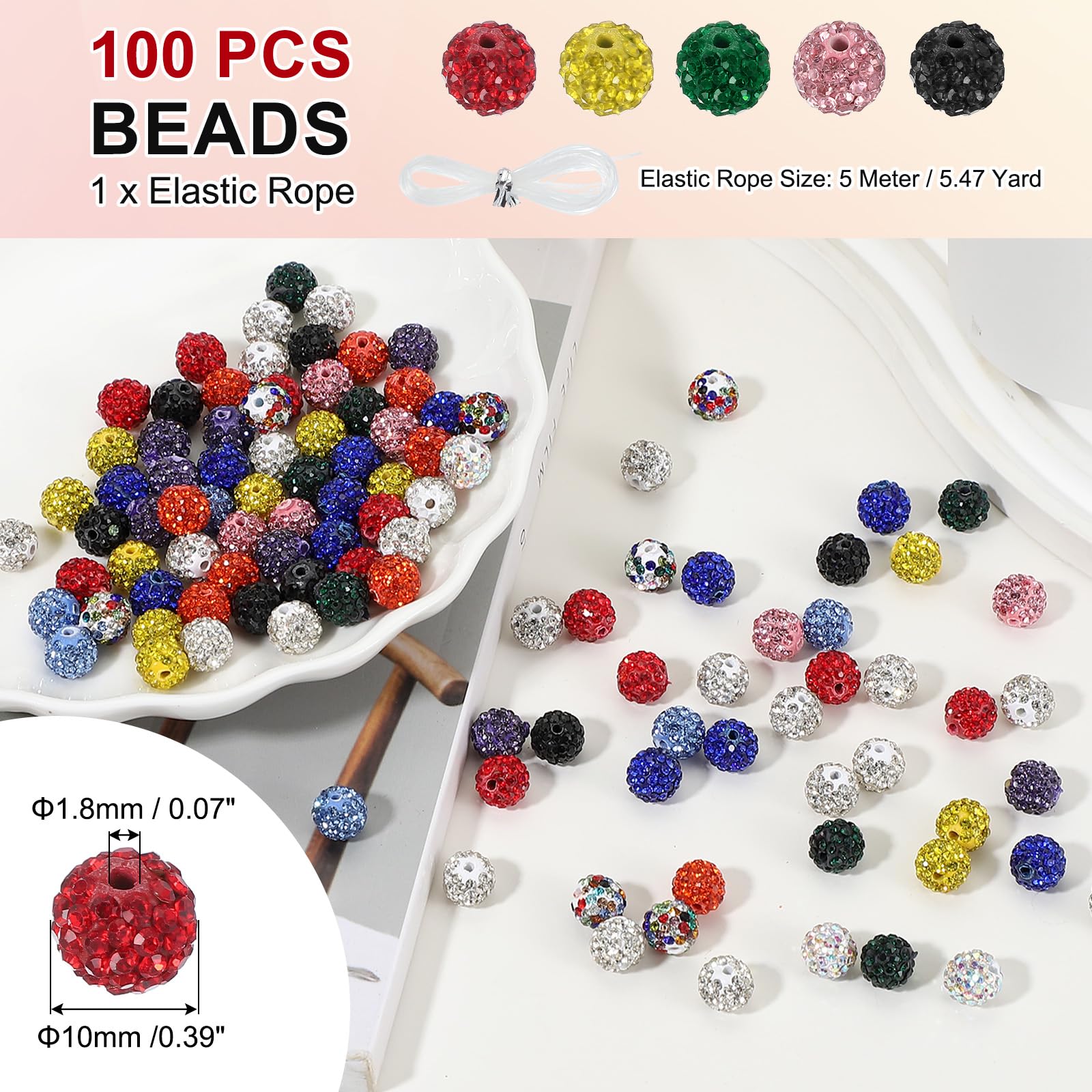 PATIKIL 100 Pcs Multicolor Round Rhinestone Beads for Jewelry Making 10mm Shiny Disco Ball Sparkle Crystal Clay Beads with Hole for Bracelet Necklace DIY Crafting - Image 2