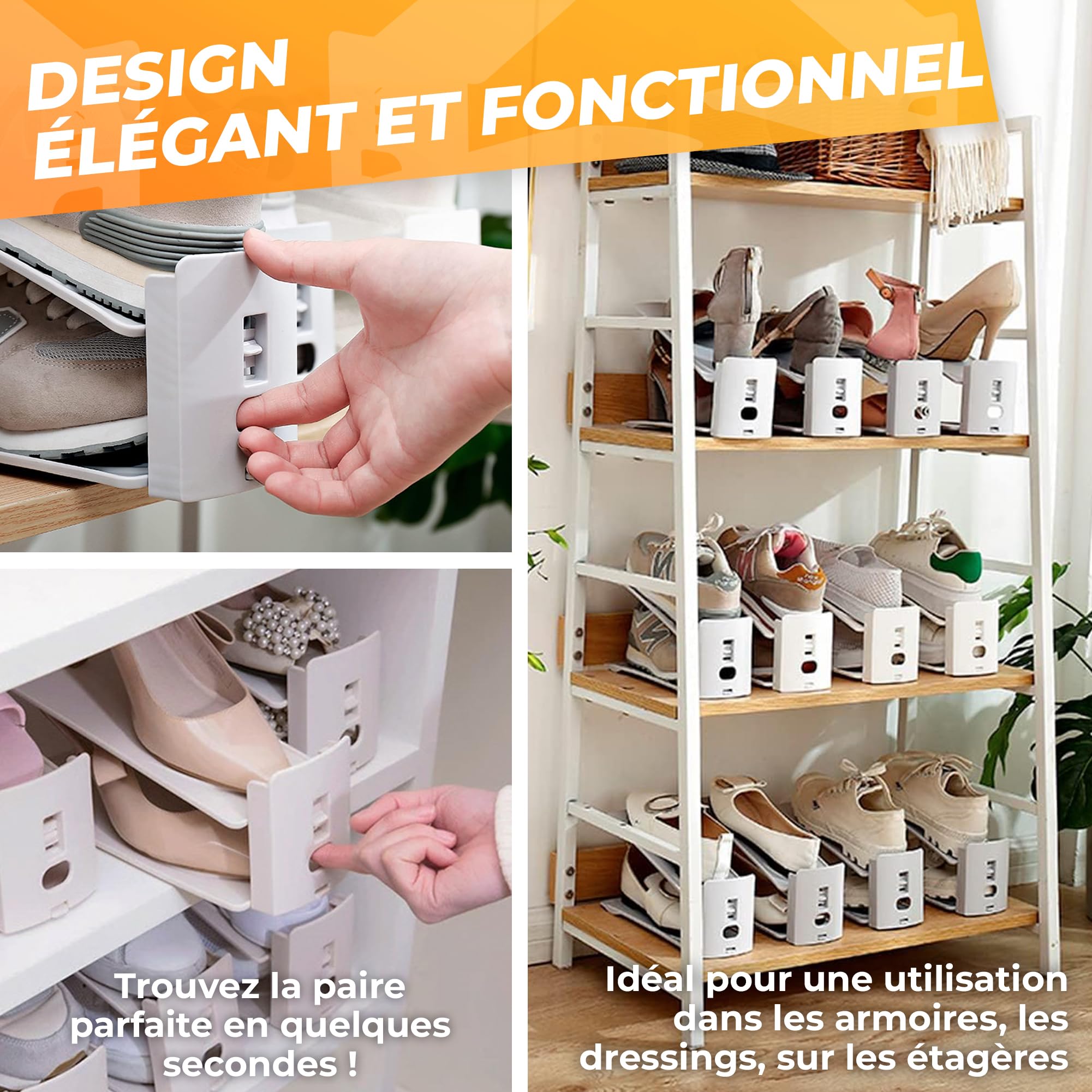 Range Chaussures Gain de Place – Organisateur chaussures double couche réglable | Rangement chaussures placard ou étagère | Support chaussures empilable (Blanc,24)