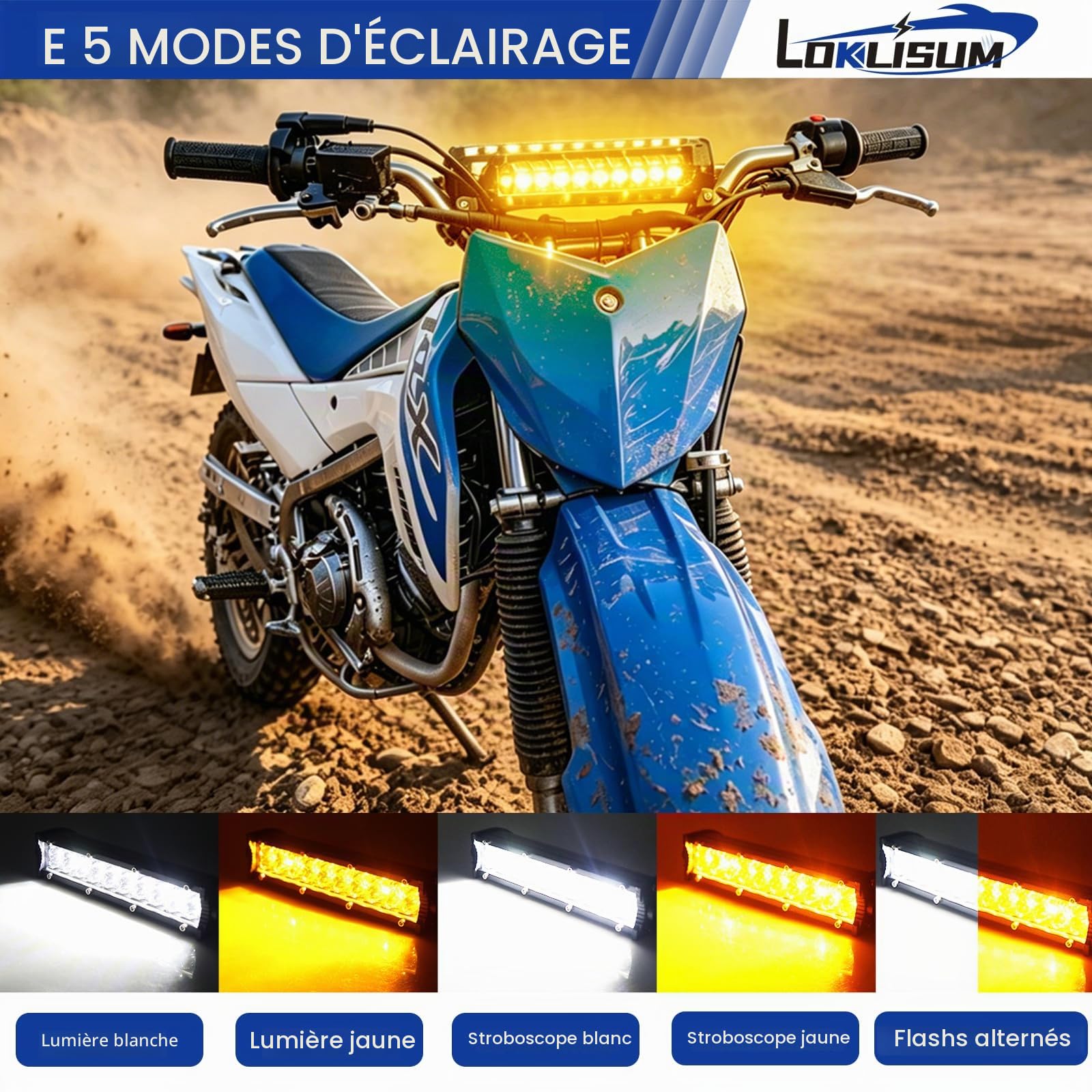 Barre Lumineuse pour Moto Tout-terrain 60 W 2500 lm avec Interrupteur, Lumière Blanche et Jaune pour Guidon de 22 mm, Compatible avec CRF110 KLX140 KLX110 TTR110 TTR110E KLX PW XR RM KX Motocross