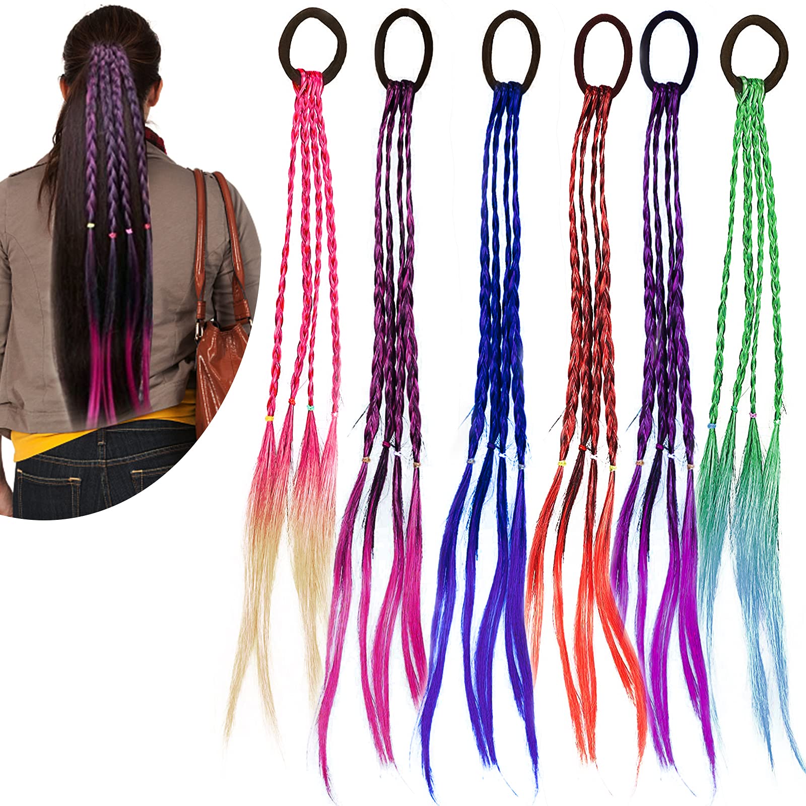 HongBoom 6 Bundles Colored Hair Extension Hairpieces Twist Braid Hairpieces Hair Extension Accessories Braided Synthetic Hairpieces for Adult and Kids