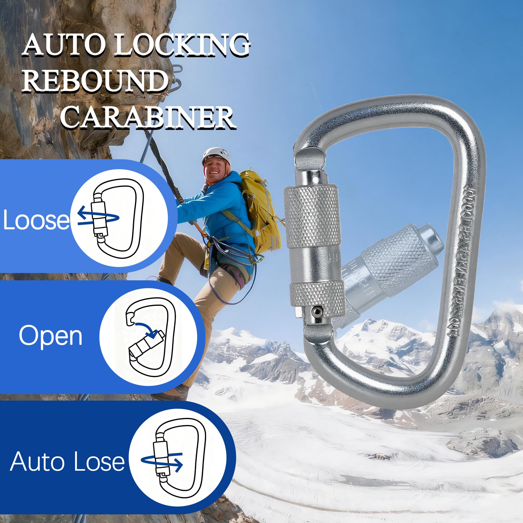 Mosquetón de bloqueo automático 45KN = 4,535.9 kg Twist Lock Steel Heavy Duty Large Mosquetón Clip para escalada en roca, camping, gimnasio, rescate y montañismo