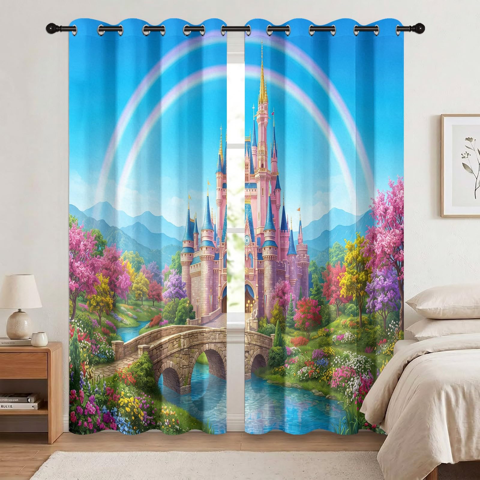 Rideaux Occultant Bâtiment, Rideaux Occultant Château De Conte De Fées Princesse & Double Rideau Thermiques Isolant Anti Froid et Chaleur Rideau à Oeillets pour Pépinière, 2 PCS, 91.5L X 160H cm
