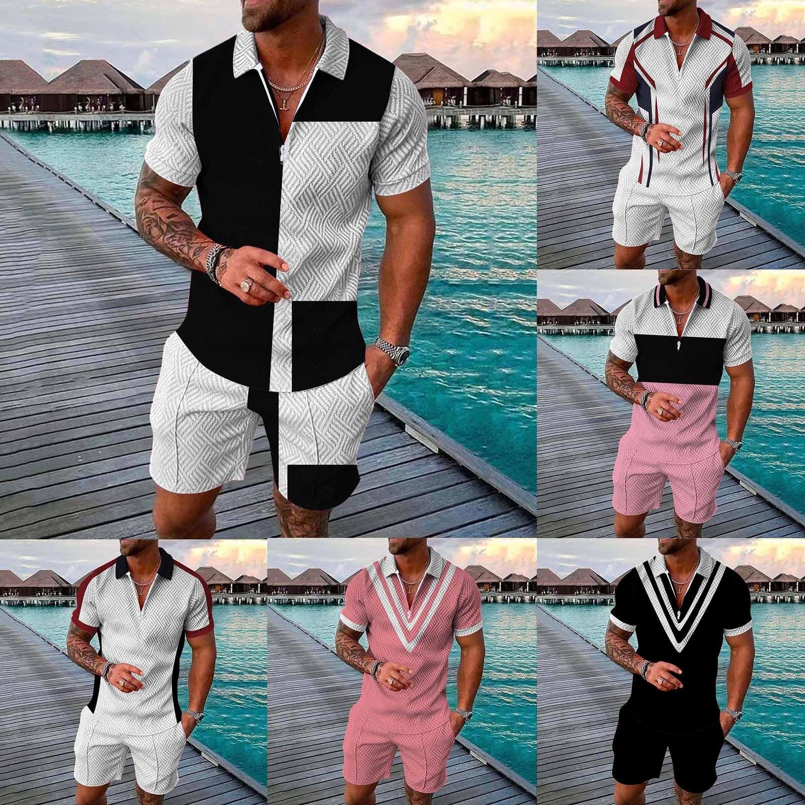 Herren Trainingsanzug Sommer 2 Teiliges Sportanzug Drucken Stehkragen Trainings Anzug Kurzarm Polo Hemd Set mit Reißverschluss Fitnessanzug Modern Freizeitanzug Mode Streetwear für Outdoor