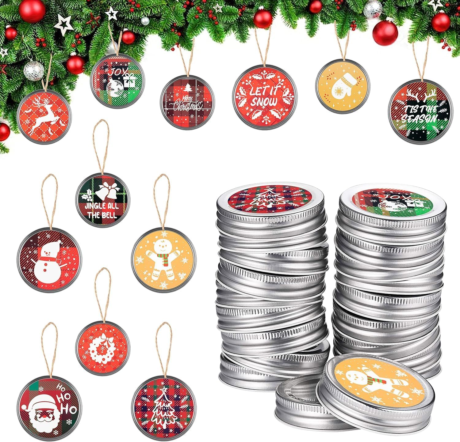 Haooryx 48Pcs Christmas Mason Jar Canning Lid Stickers for Christmas Tree Decorations, Round Self-adhesive Stickers for Metal Bottle Jar Lid Tree Hanging Decor Farmhouse Xmas Party Supplies (2 Size)