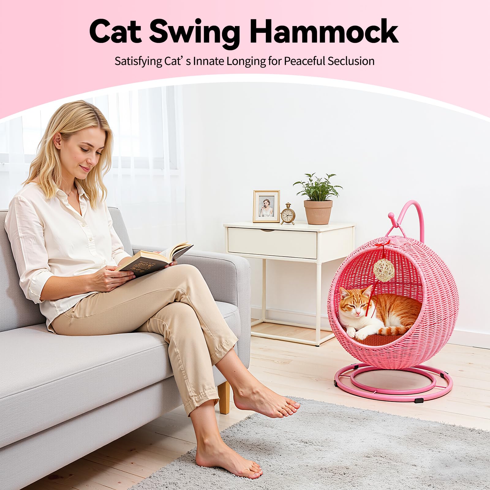 Katzenschaukel | Katzensofa Pink | Katzenkorb Rattan | Handweben Hängeschaukel Katze | Papasan Chair for Cats | Stylische Katzenhöhle | bis zu 7,5 kg