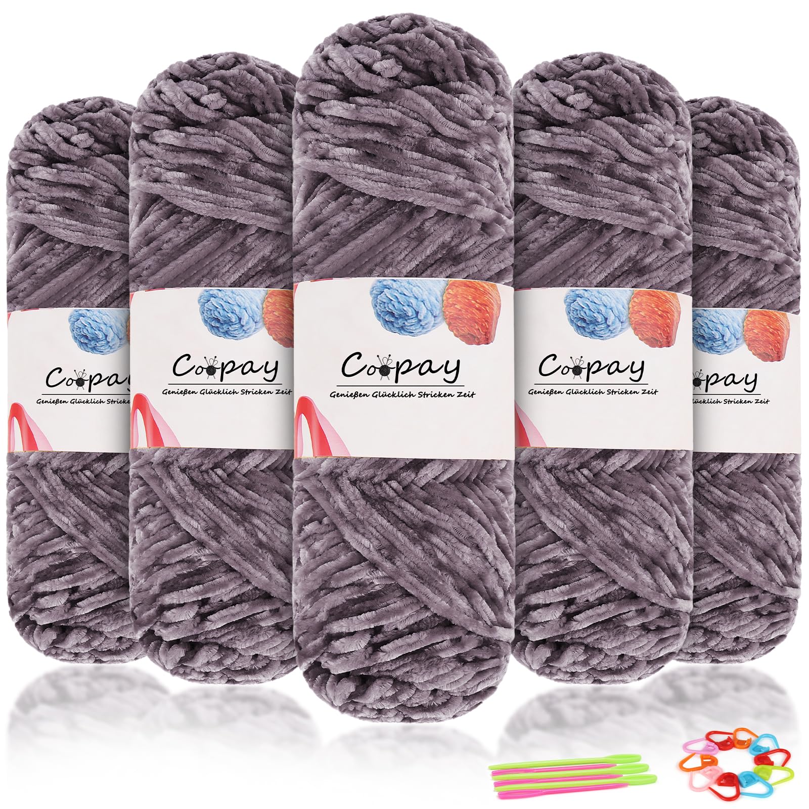 Coopay Samt Chenille Wolle zum Häkeln, 500g (5x100g) Velvet Chenillegarn, Dicke Wolle zum Stricken, Flauschige Weiche Samtig Chenillewolle mit Häkelzubehör für Schals, Decken - Grau Rosa
