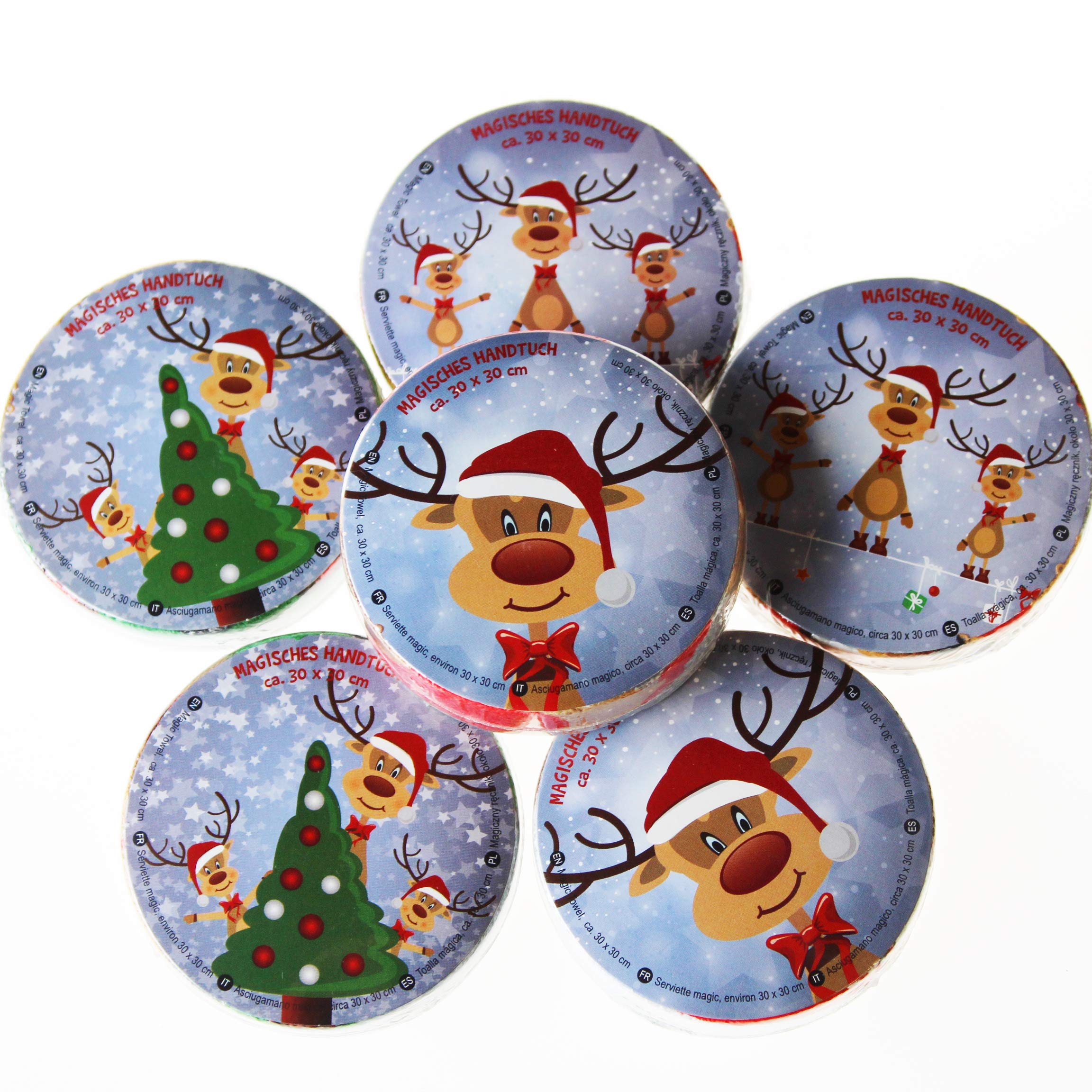 KAMACA 6 er Set Magische Handtücher aus Baumwolle weihnachtliches Zauberhandtuch Zaubertuch Kinder Mitgebsel Geschenkidee Adventskalender Geschenk Weihnachten (6er Set (=6 Stück) Rentier Ole)