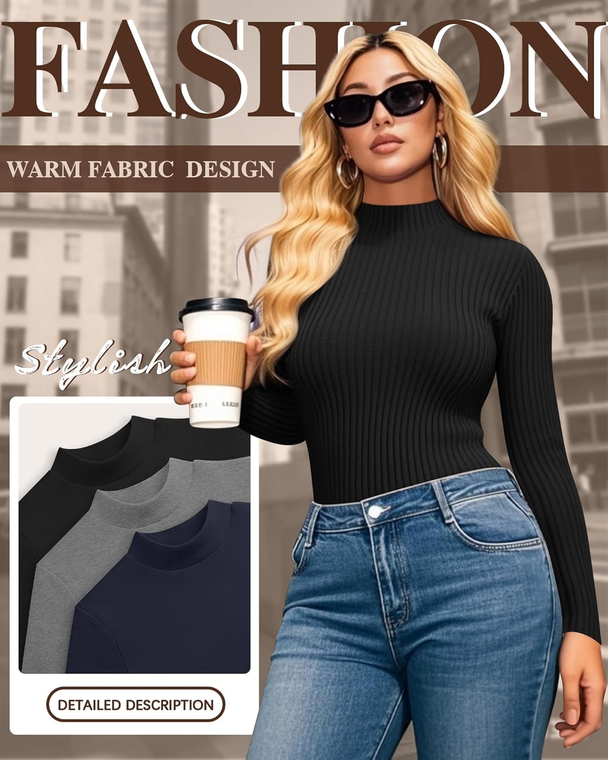 3 Pack Women's Plus Size Thermal Shirts Cotton Ribbed Long Sleeve T Shirts Mock Turtleneck Tops Base Layer Tee - Image 4