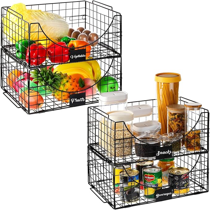 Hicarer 4 Pack Stackable Wire Baskets with Handles Pantry