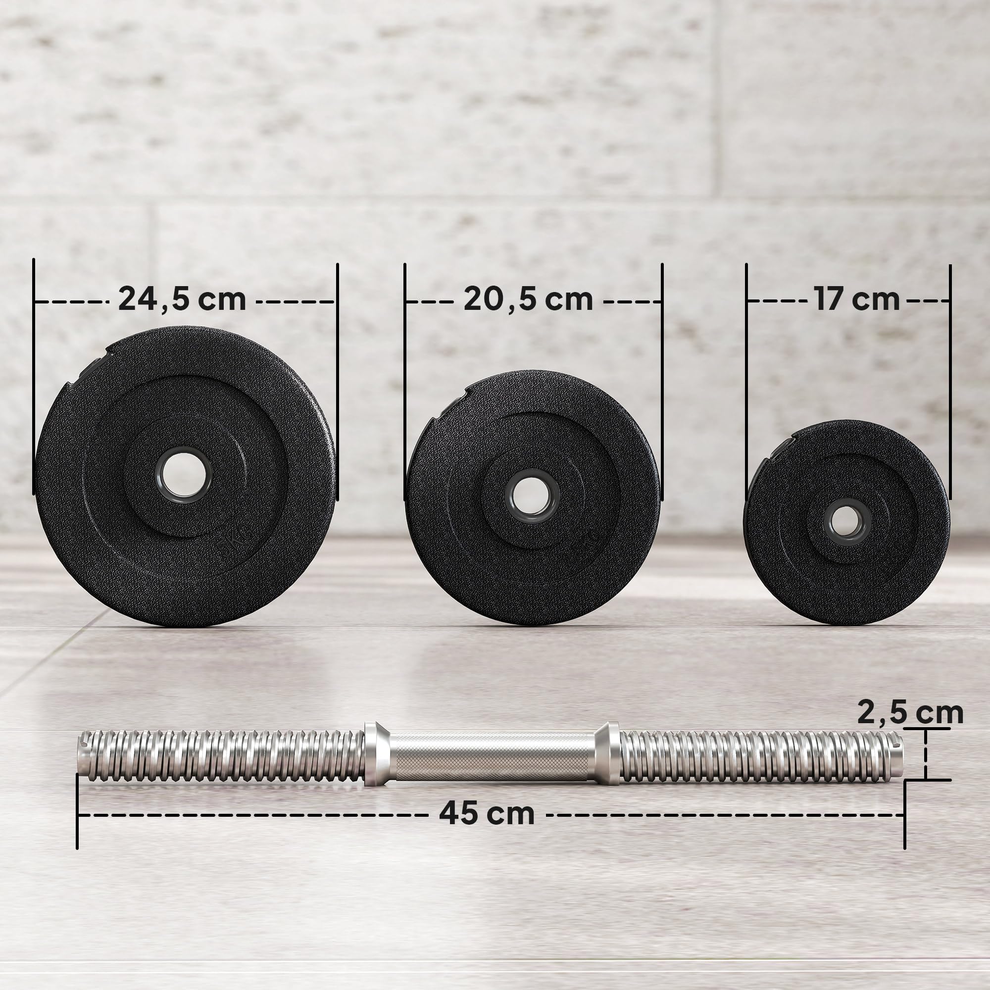 HOMCOM Juego de Mancuernas Pesas Ajustable Profesionales 40 kg Negro | Pesas de Fitness, 4x5 kg, 4x2,5 kg, 4x1,5 kg, Gimnasio Doméstico, Musculación, con 2 Barras Ø25x450 mm, Acero y Discos