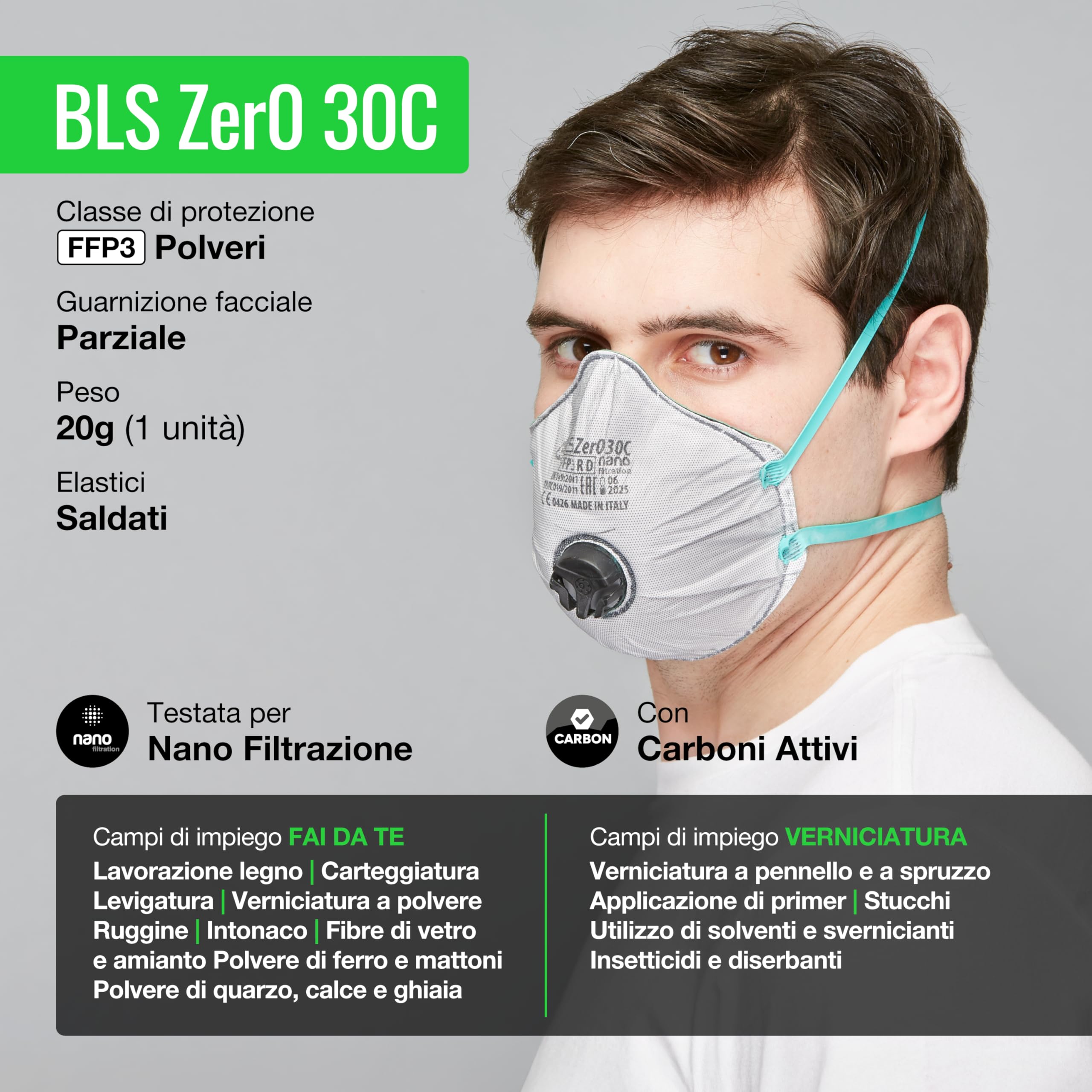 BLS 8006338 Serie Zer0 30 C Mascarillas Desechables en Forma de Copa, FFP3 R D, Con Válvula de Exhalación, Soldados Elásticos, Con Carbón Activado, Parcial Sellado Facial, Caja de 10