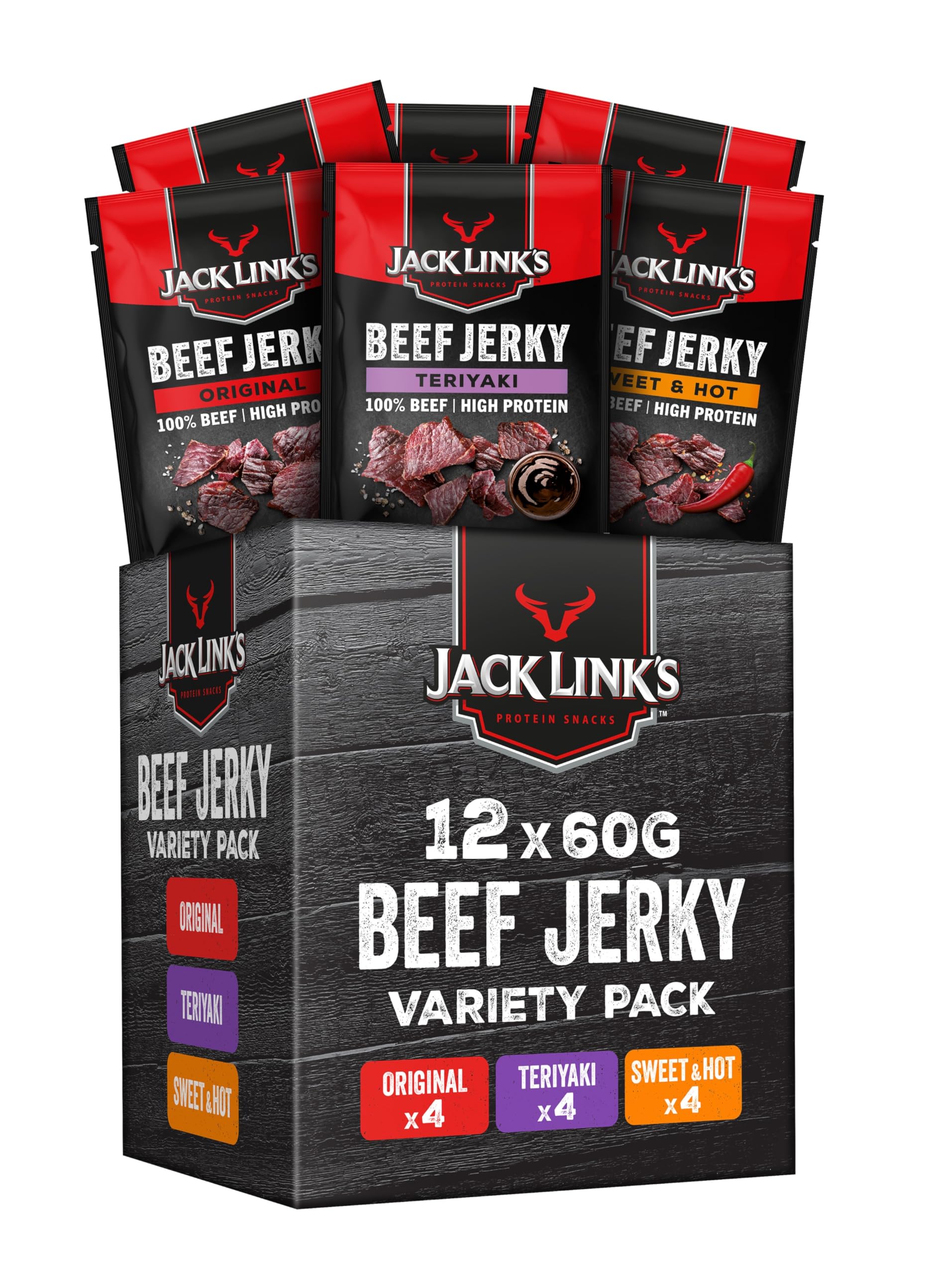 Jack Links Beef Jerky Mix Flavour Box - Box of 12 x 60g - Dried Meat Snack - High Protein Snacks for Gym, Fitness, Outdoor, Hiking - American Food - Halal Beef Jerky Chips