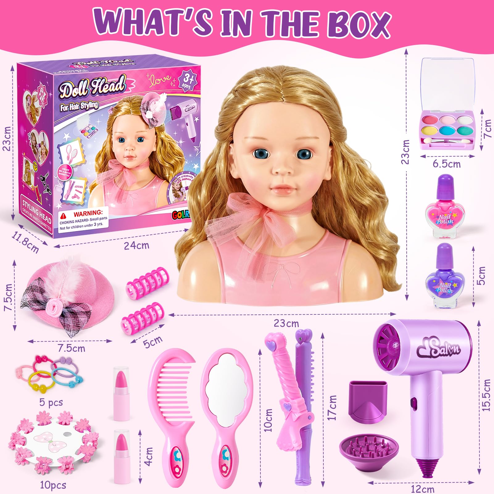 Frisierkopf Kinder Schminkkopf Mädchen Spielzeug, Stylingkopf Set mit Haartrockner, Lockenstab, Schminke, Hut, Haarstyling Zubehör, Rollenspiel Geschenk Puppenkopf zum Schminken Frisieren ab 3 Jahre