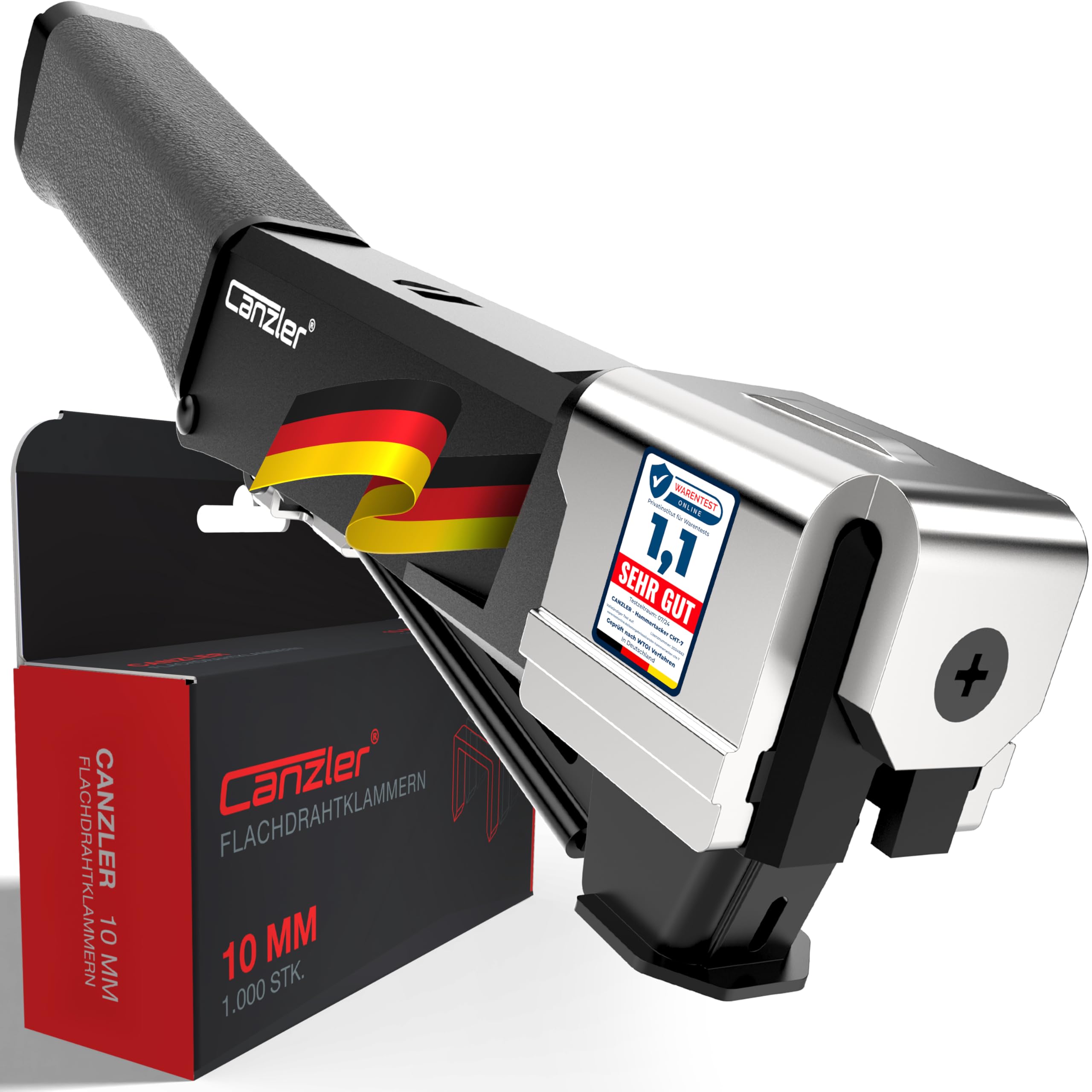 Canzler CHT-7 Hammertacker mit Klammern, Profi Schlagtacker Holz, Dach & Wand, Frontloader mit Schnellladesystem, robuste Prallplatte, Tackerhammer inkl. 1000 Stück 10mm Heftklammern für Heimwerker