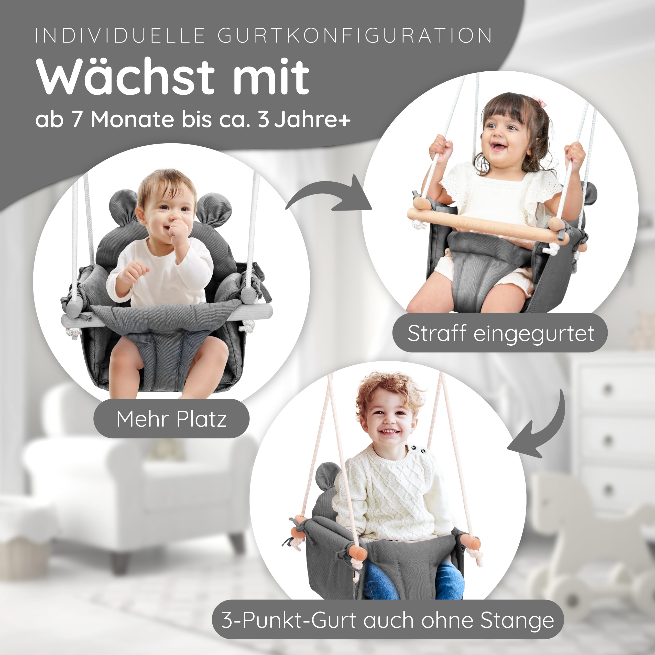 AMAZINGs Baby und Kinderschaukel | Mitwachsende Babyschaukel. Komplettset mit Aufhängung für Indoor und Outdoor | 3 in 1 Gurtsystem. Für Babys und Kinder ab 7 Monate bis 3 Jahre - Grau