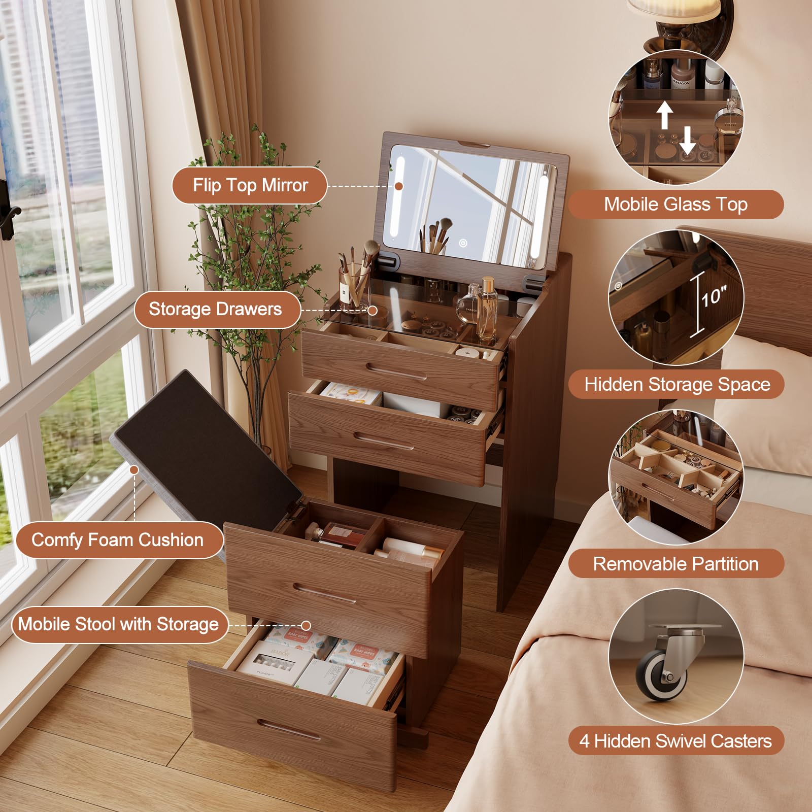 Escritorio de tocador 3 en 1 de madera maciza con espejo abatible, sin montaje, tocador compacto con silla oculta, pequeño juego de tocador de maquillaje con toma de corriente, tocador para 5