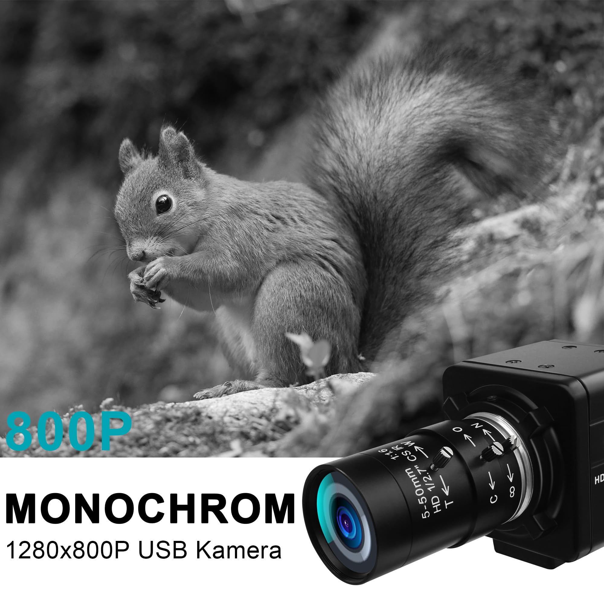 Monochrome USB Kamera mit Globalverschluss | 800P 120FPS ultraschnell, 5–50 mm CS Objektiv mit manuellem Fokus, Plug & Play für Motion Capture,kompatibel mit Raspberry Pi