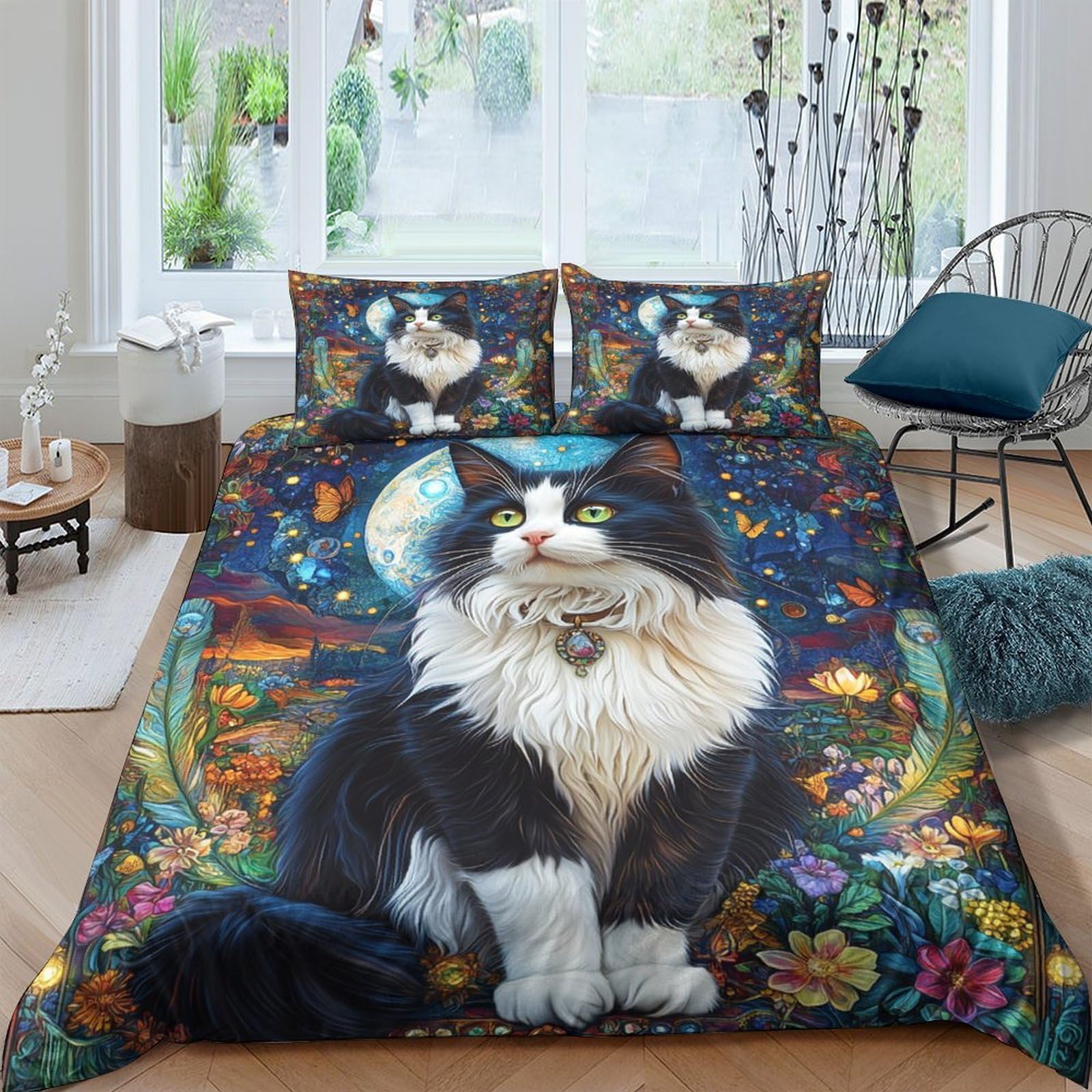 Ctjqhvkz Style-10 3D Printed Moonlight Cat Fitted Sheet Microfiber Soft Non-Slip Bed Cover Floral Art For Bedroom Guest Room Decor Single（135X200cm）