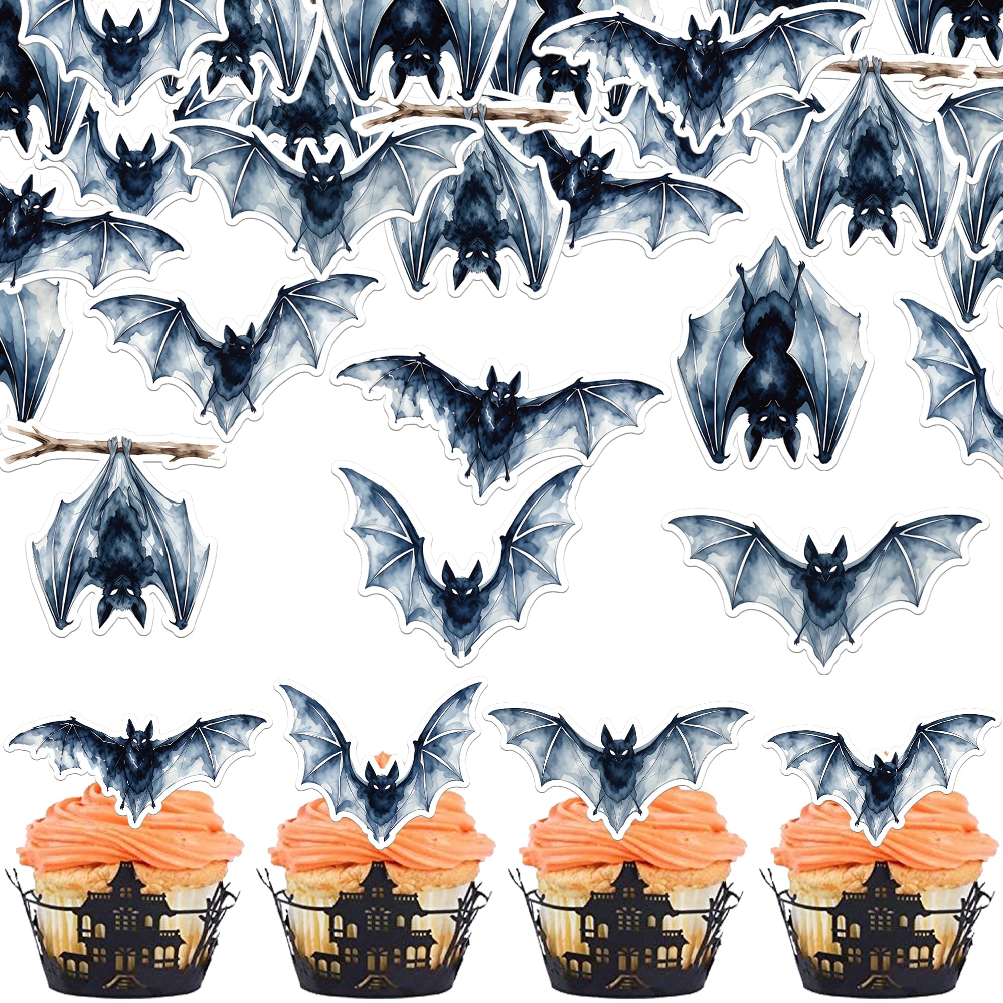 Xsstarmi 60 Pack Edible Halloween Bat Cupcake Toppers Rice Paper Halloween Cupcake Picks Spooky Birthday Cupcake Decorations for Horror Theme Party Birthday Cake Decorations Supplies