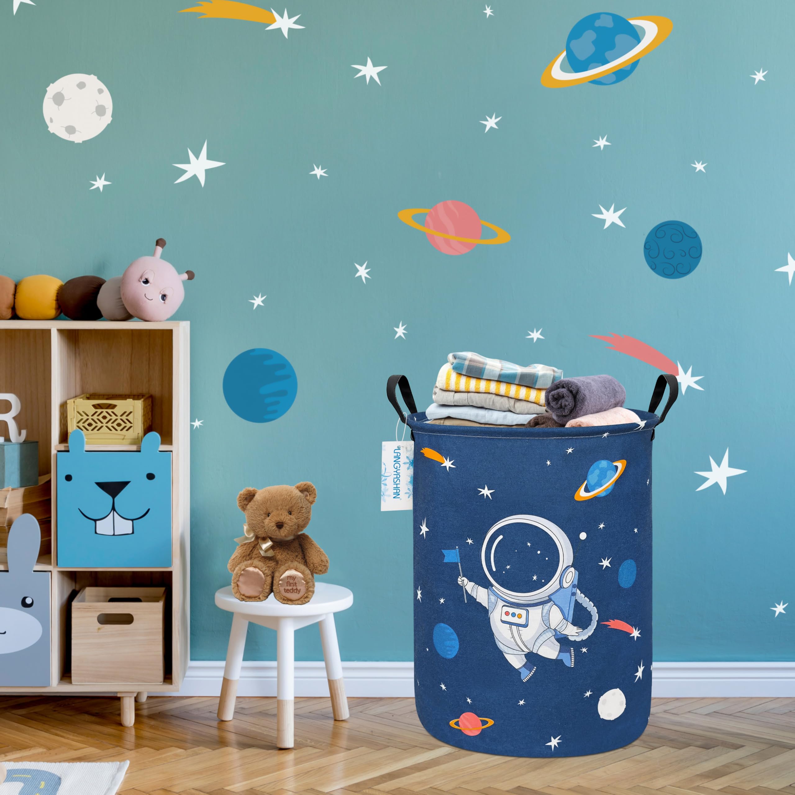 Cesta de lona plegable para lavandería, cesta organizadora para almacenamiento de juguetes, cestas de regalo, ropa de dormitorio, ropa de niños, cesta de guardería (azul astronauta 4