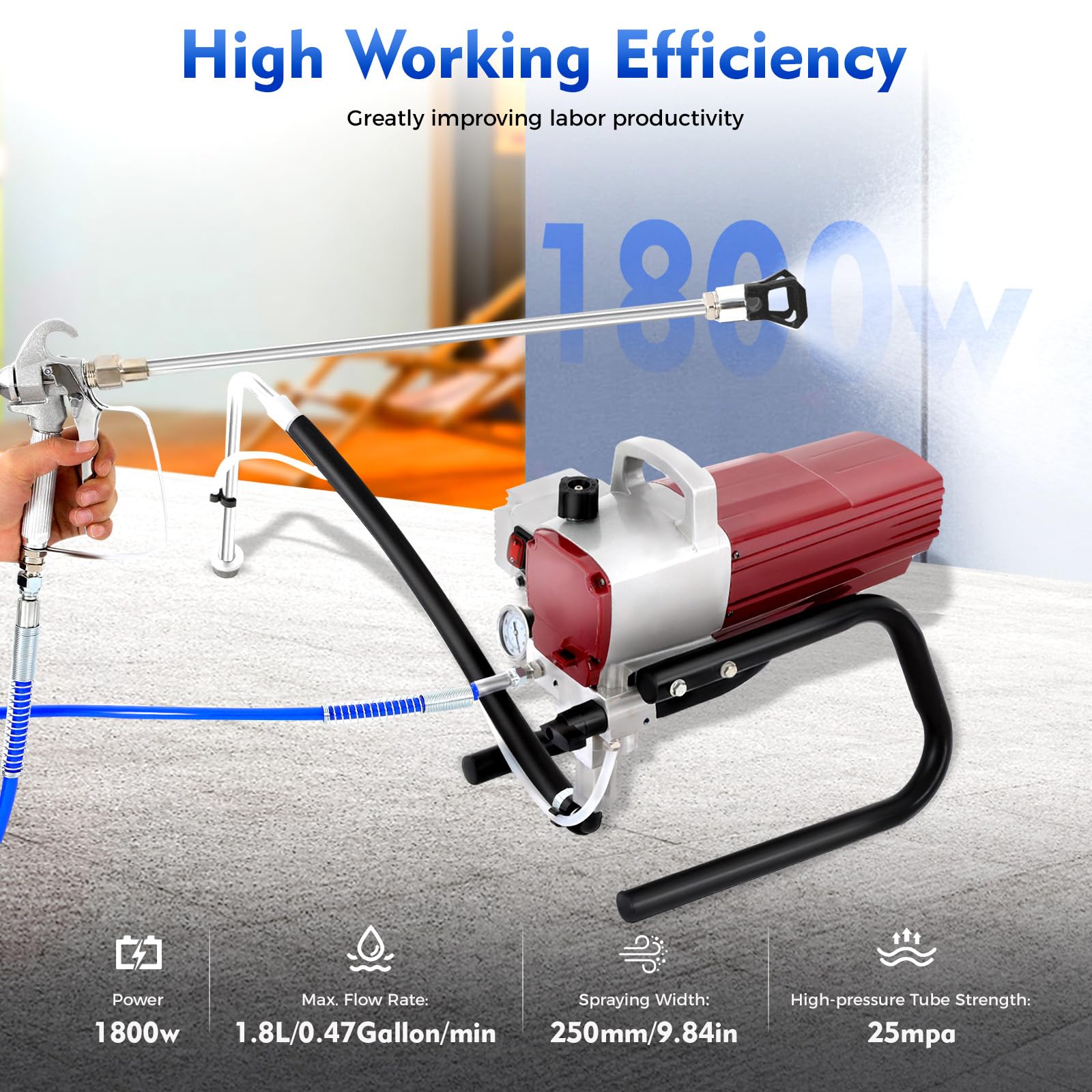 Pulverizador de pintura sin aire 1800 W, color rojo, 1,8 l/min, tubo 10 m, ancho 250 mm, regulador de presión, antifugas, ahorro de pintura, ideal edificio residencial comercial