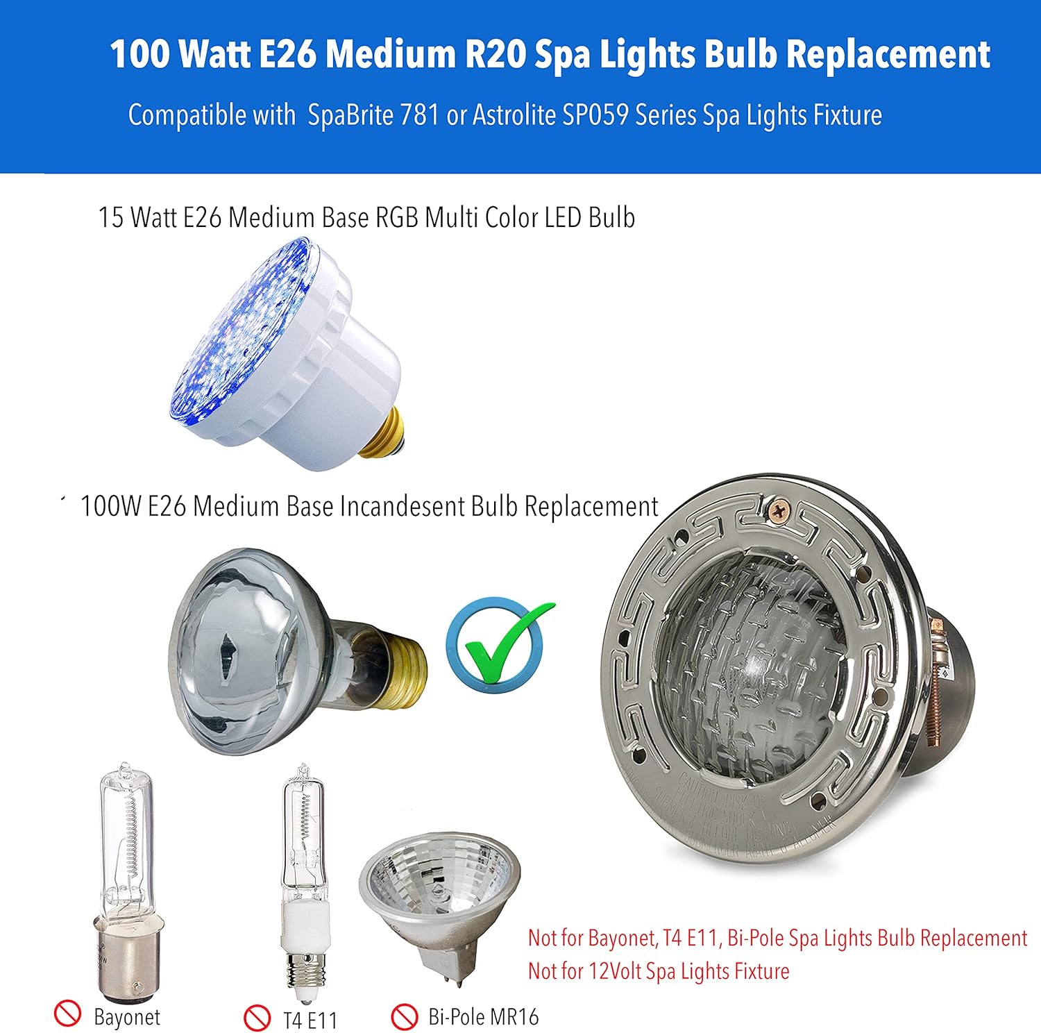 LAMPAOUS LED SPA Bulb, 15 Watt E26 LED Pool Bulb, 5 Color Show and 7 Solid Colors LED Hot Tub Replacement Bulb inground Lights Fixture, 120VAC Input