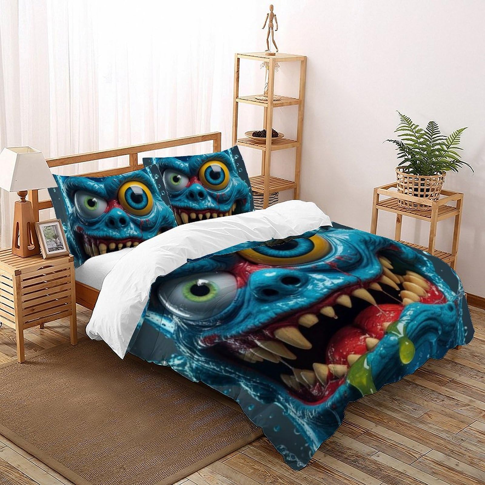 Housse de couette double Blue Monster Bedding microfibre animaux avec 2 taies d'oreiller