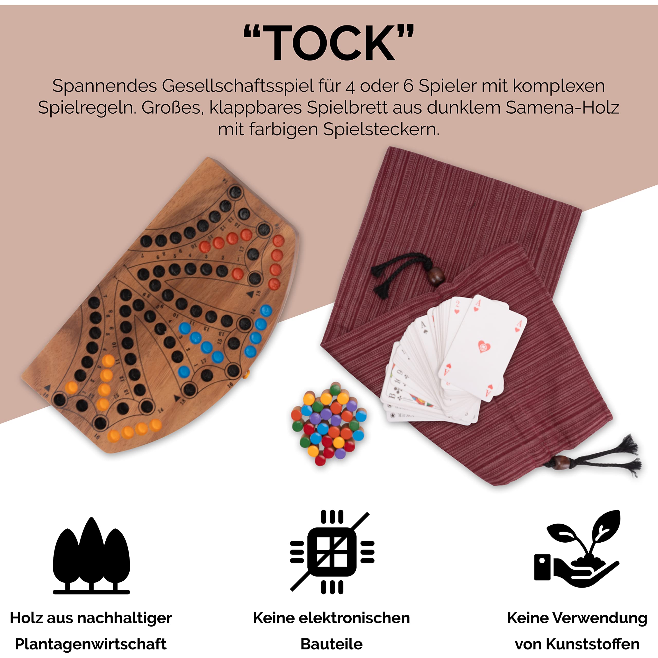 LOGOPLAY Tock dla 4 lub 6 graczy – gra towarzyska z kartami do gry – drewniana gra planszowa ze składaną planszą do gry
