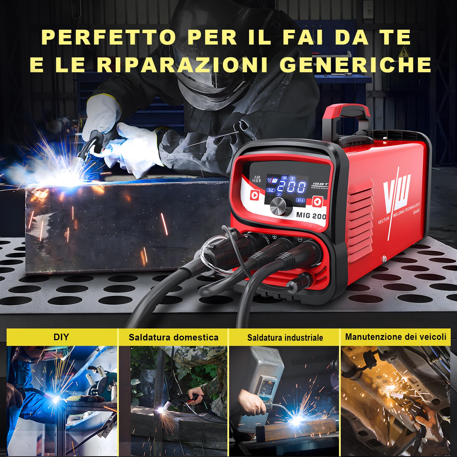Saldatrice a Filo Continuo 4-in-1 MIG/MAG/MMA/LIFT TIG, saldatrice filo continuo no gas e con Gas con Display Digitale, Macchina Saldatrice Portatile Professionale - VECTOR WELDING