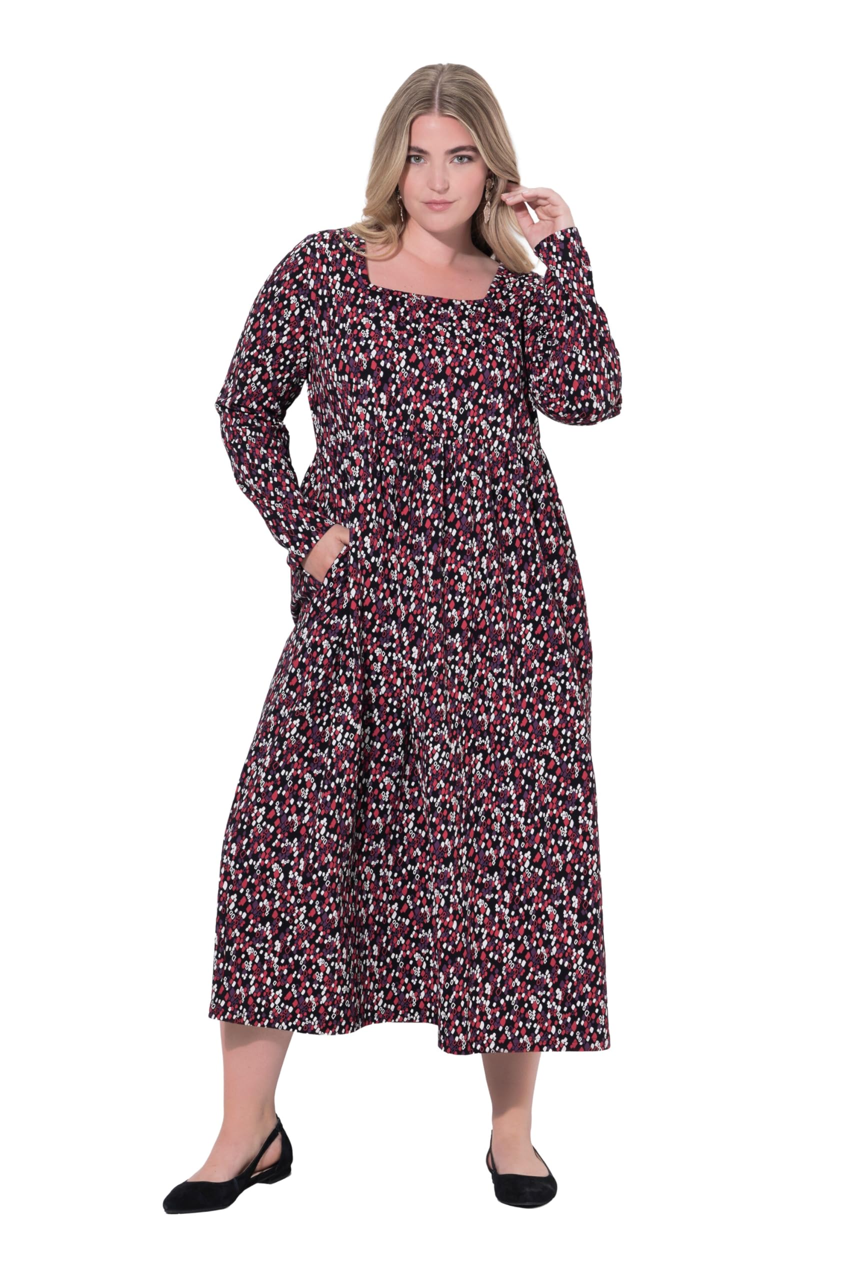 Ulla Popken Damen große Größen Übergrößen Plus Size Maxikleid, A-Linie, Carré-Ausschnitt, Langarm 844590