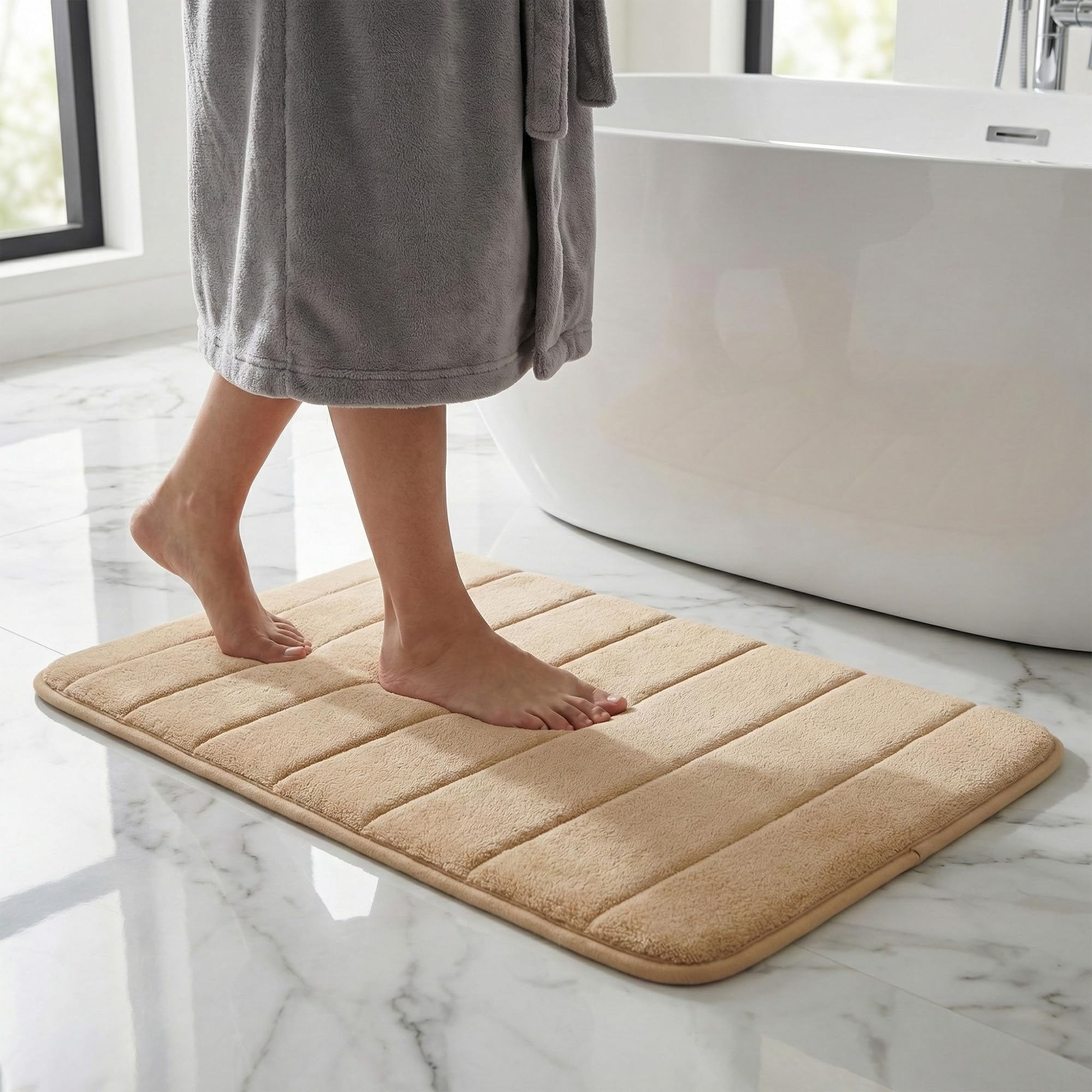 Fit Even Velvet Bathmats Collection - Fast Drying Soft Memory Foam Non slip Mats for Bathroom, Shower and Toiler Floor, Quick Dry, Water Absorbent and Washable Bathmats (Beige, 50x80 cm)