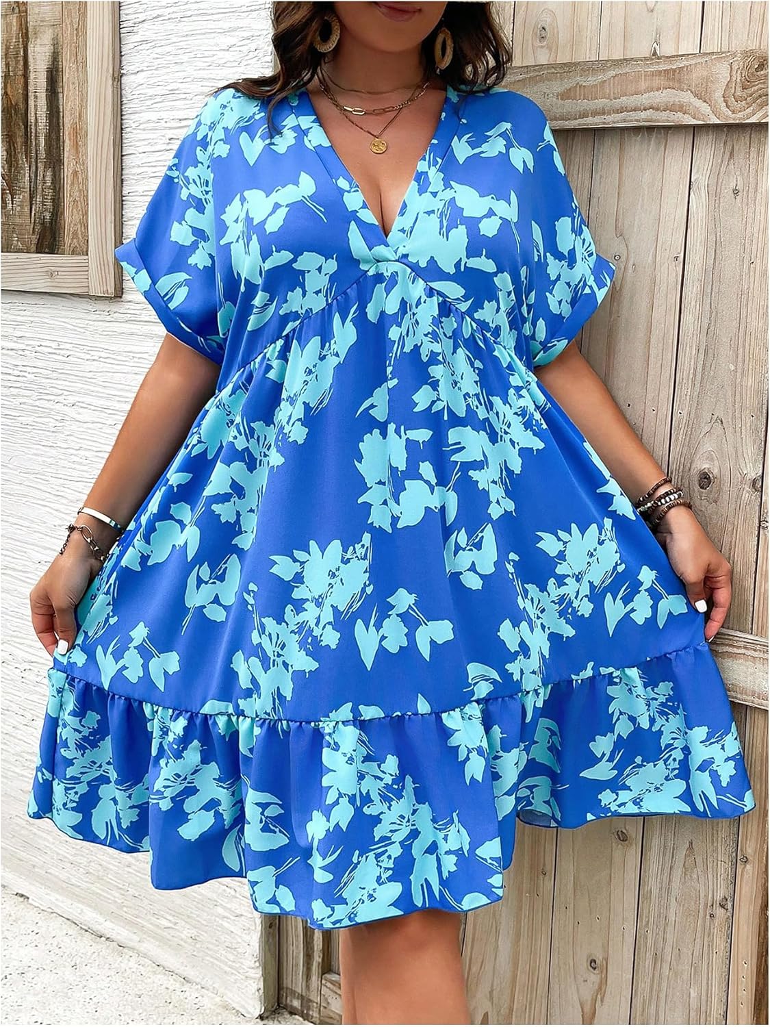 Floerns Women's Plus Size Wrap V Neck Short Sleeve Ruffle Hem A Line Short Dress - Image 5