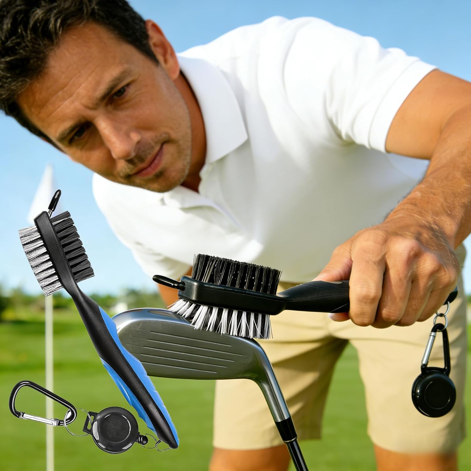 Golf Club Brush Dual Sided Multi Color Grip Cleaner for Putter Iron and Wood Clubs On Course Driving Range and Travel Use, Light Blue