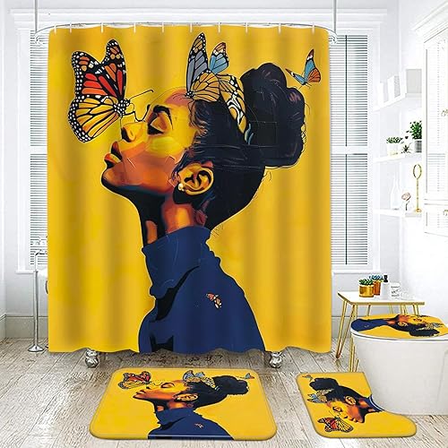 Juego de 4 cortinas de ducha de niña africana americana con alfombras de baño antideslizantes, cubierta para tapa de inodoro y alfombrillas, citas