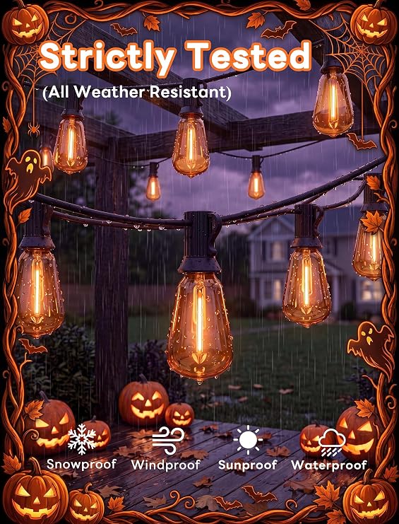 25FT Halloween Orange ST38 LED Outdoor String Lights with 25 Orange Edison Bulbs, Connectable Waterproof Hanging Patio Lights for Halloween, Thanksgiving, Backyard, Porch, Party Decor