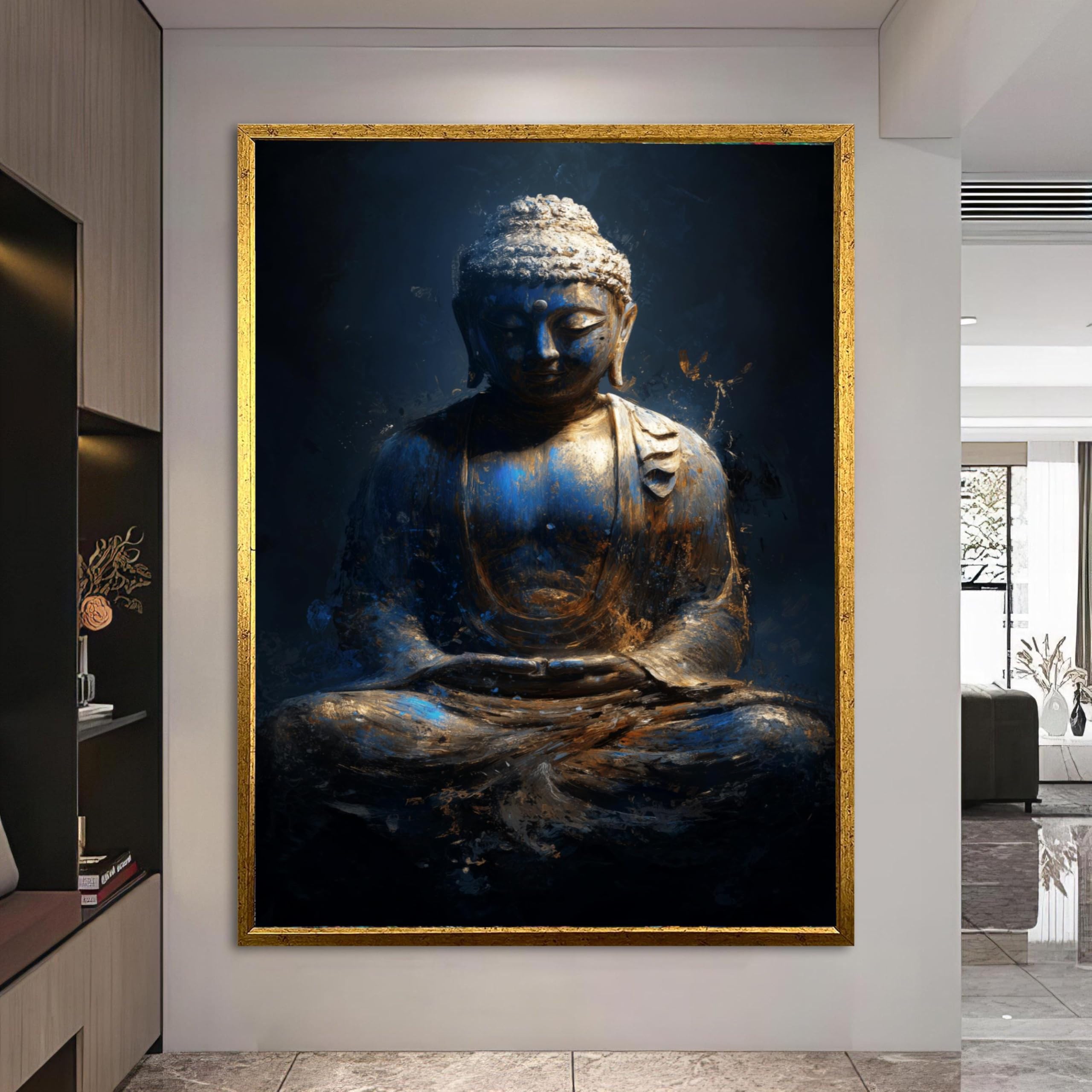 YUSUZHU Quadro su tela con statua di Buddha in meditazione, arte del Buddha blu e oro, decorazione murale spirituale, decorazione zen per la casa, dipinto (60x90 cm/cornice interna)