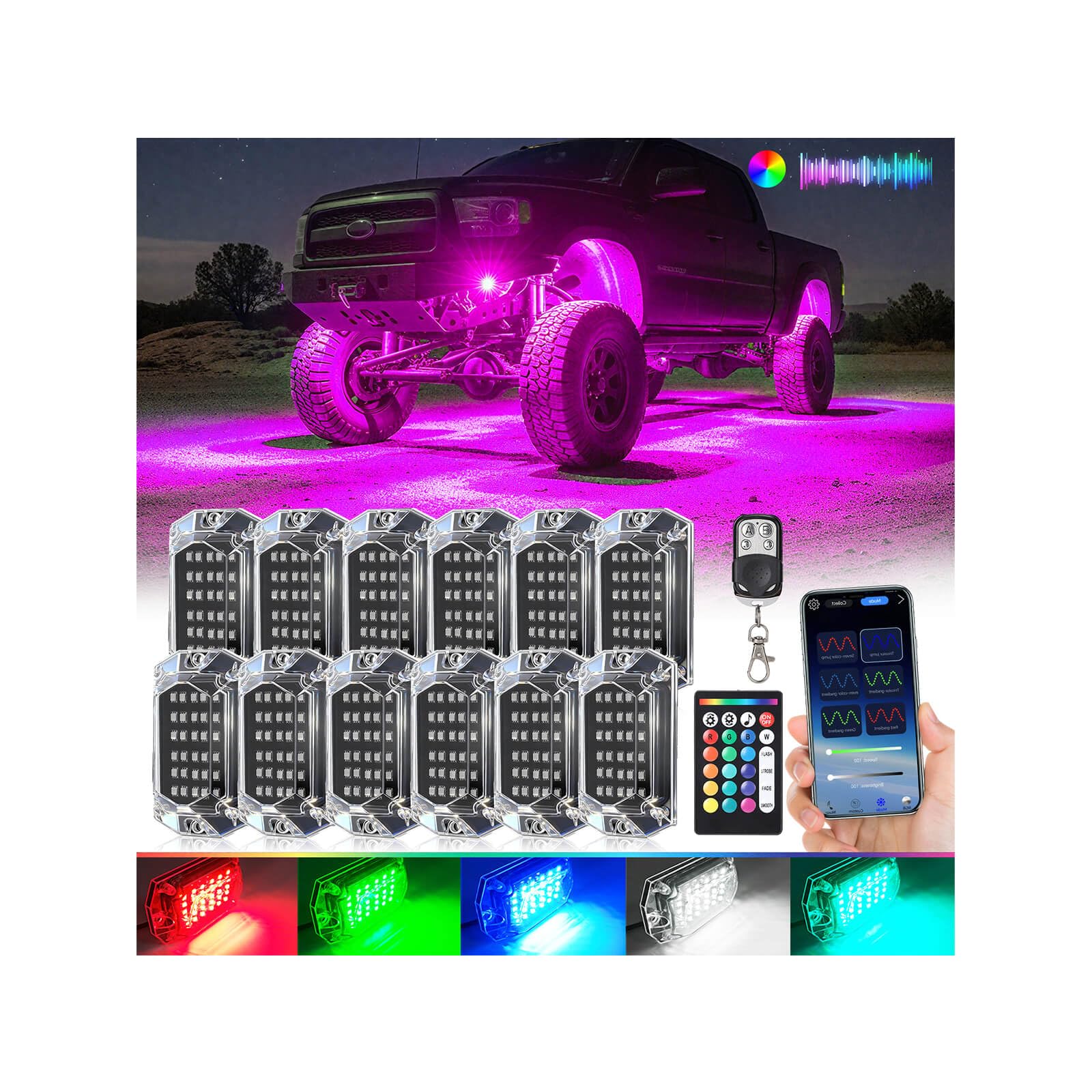 Photo 1 of 12Pods Full Angle RGB LED Rock Lights Kit for Trucks Pickup Jeep UTV ATV SXS Off-Road, 360Chip Waterproof Multicolor Underglow Light with APP/RF Remote, Pre Wired 12V Underbody Accent Light Dual Zone
