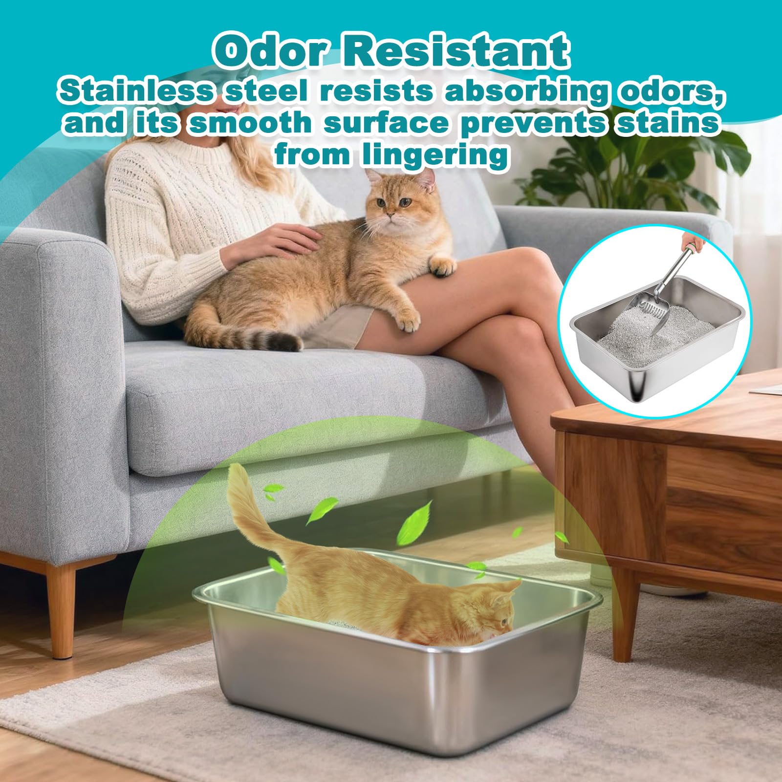 Lettiera per Gatti Acciaio Inox, Lettiere Aperta Grande, Cassetta per Gatto Antiaderente, Vaschetta Gatti Antiruggine, Antiodore, Spaziosa, Facile Pulire, Buca per Gattini,Conigli Piccoli (50x35x15cm)