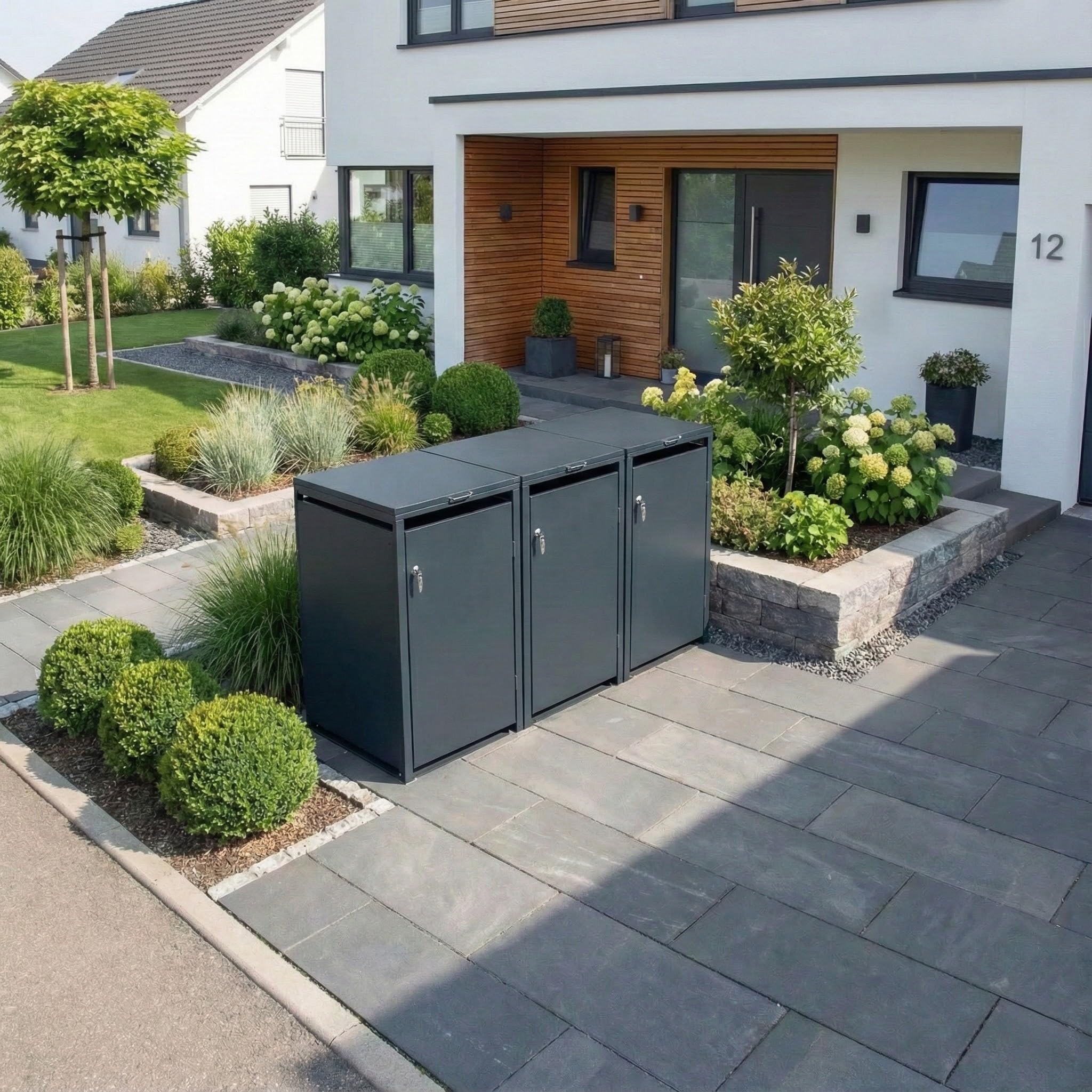 Metzler Mülltonnenbox 3er 240L aus massivem und pulverbeschichtetem Stahl in Anthrazit | Mülltonnenverkleidung für 3 Tonnen | Abfallbehälter Verkleidung | abschließbar | Müllbox | Tonnenhaus