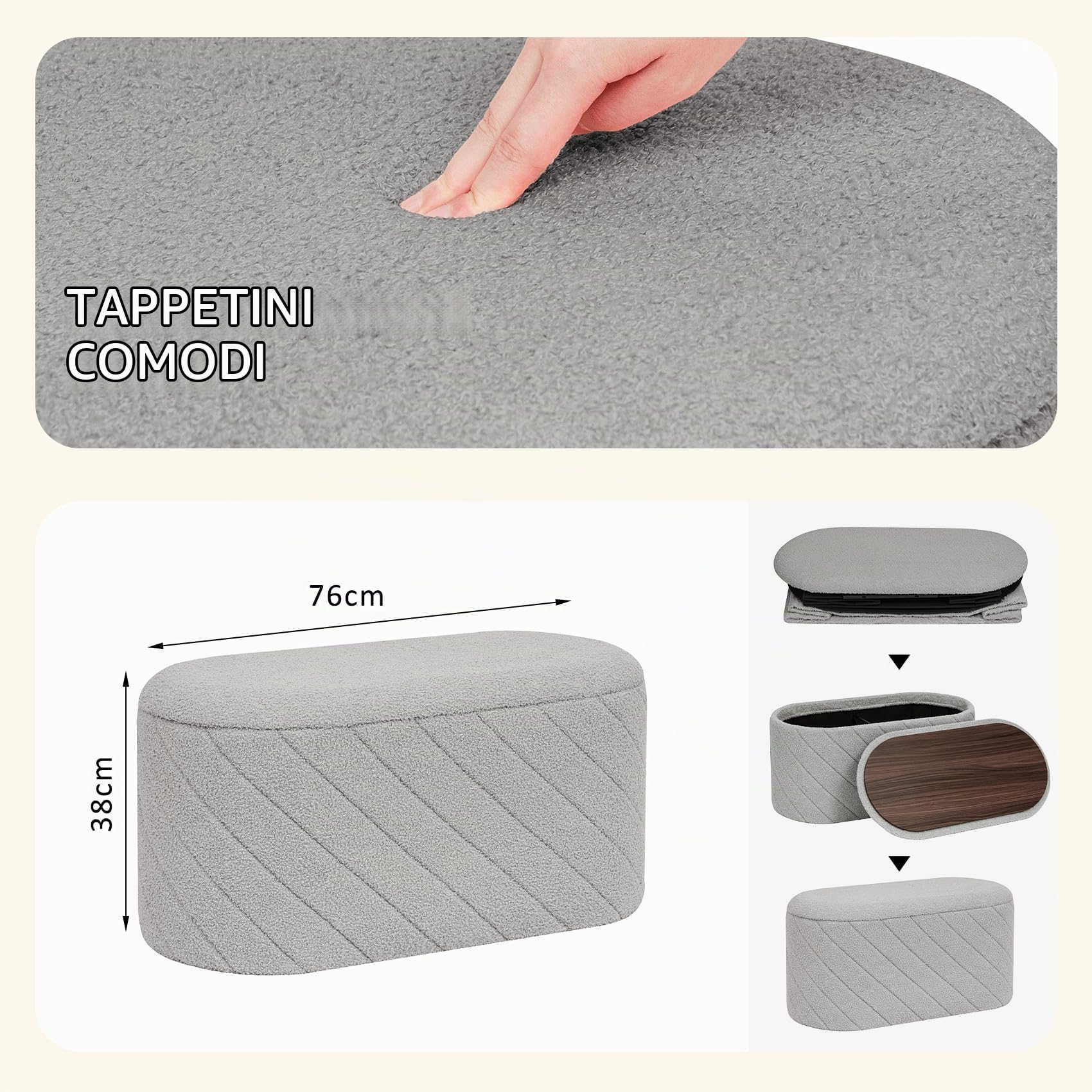 PINPLUS Panca Contenitore con Coperchio Imbottito, Ovale e Pieghevole, in Tessuto Boucle, come Poggiapiedi per Soggiorno e Camera, 76x38x38 cm, Grigio