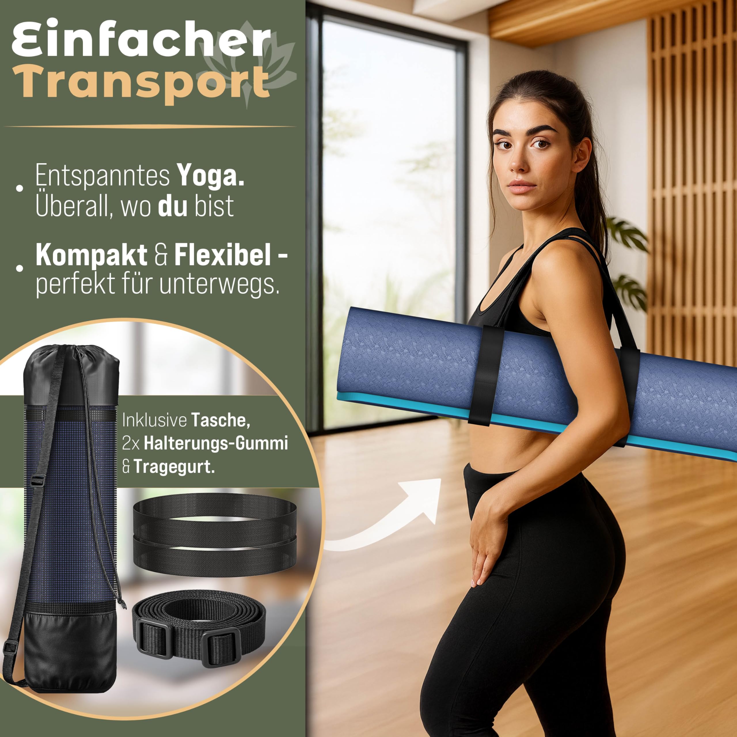 RE:SPORT Yogamatte Phthalatfrei | Gymnastikmatte rutschfest | Fitnessmatte schadstofffrei | Trainingsmatte mit Tragegurt Phthalatfrei 183 x 61 x 0,6 cm