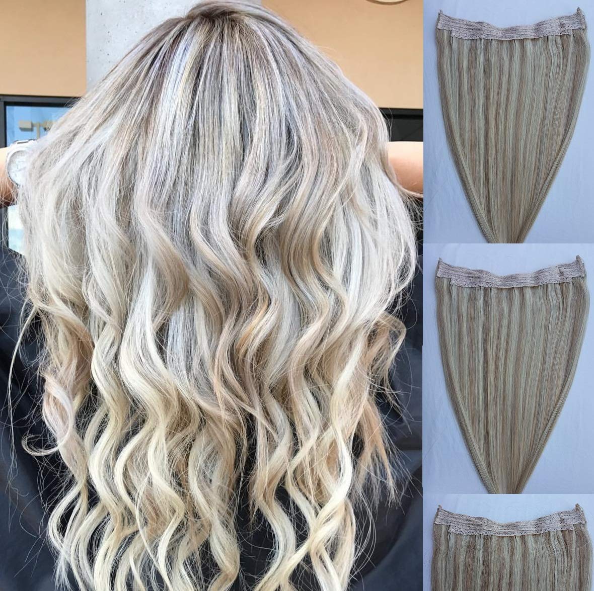 Hair Faux You One Piece 100% Human Hair Extensions, Hairband with an adjustable invisible wire Fishing String, Color #18/613 Dark Blonde with Platinum