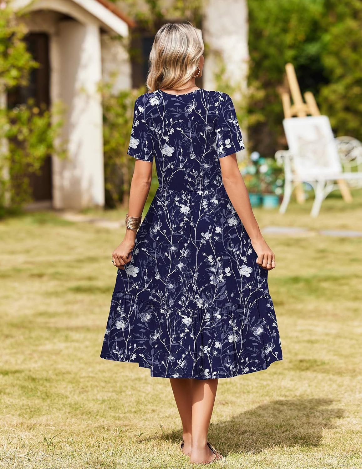 Zeagoo Womens Summer Warp V-Neck Casual Dresses Short Sleeve Midi Floral Dress with Pockets Tiered Flowy A Line Sundress - Image 6