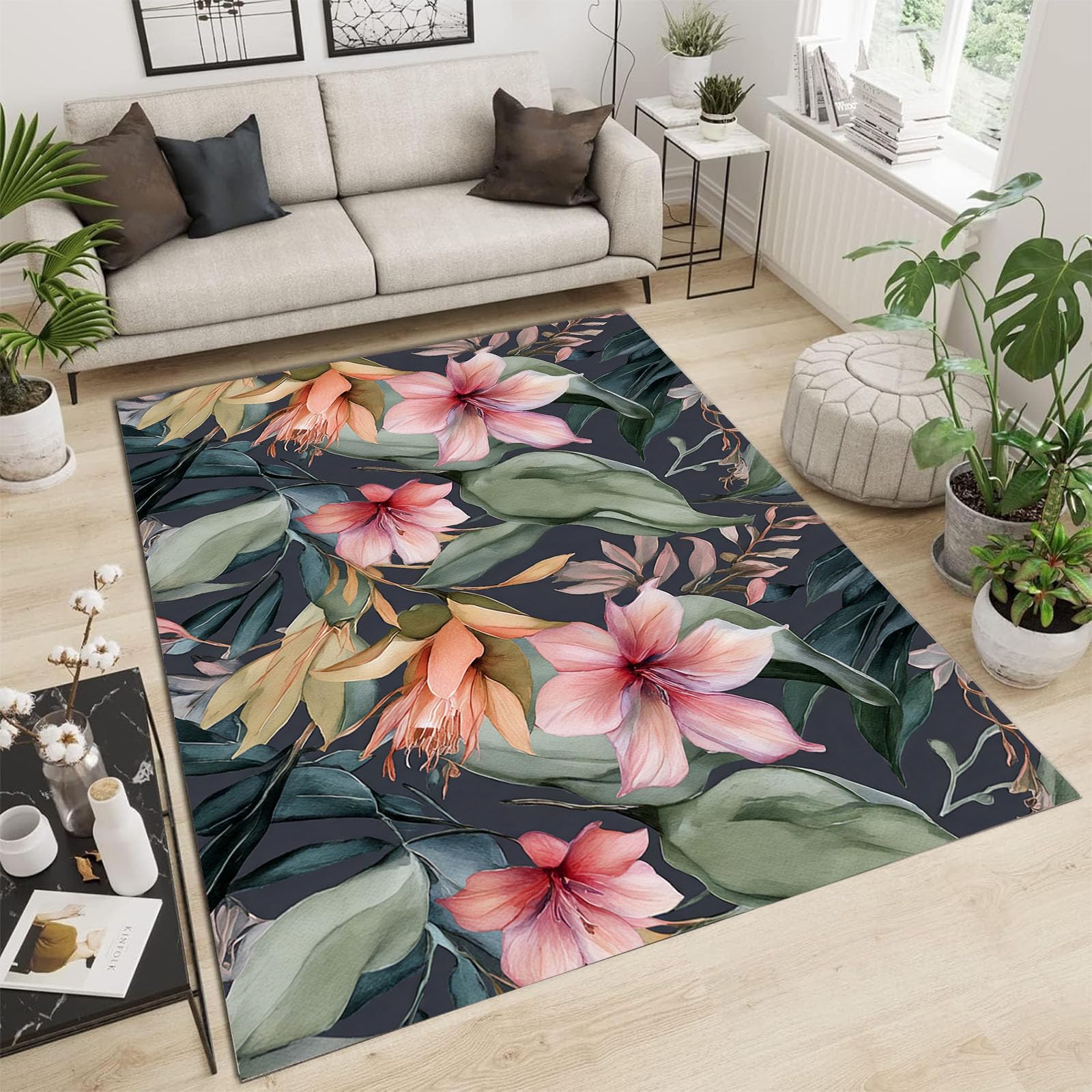 Tapis motif floral tropical vert sauge 60x90cm antidérapant