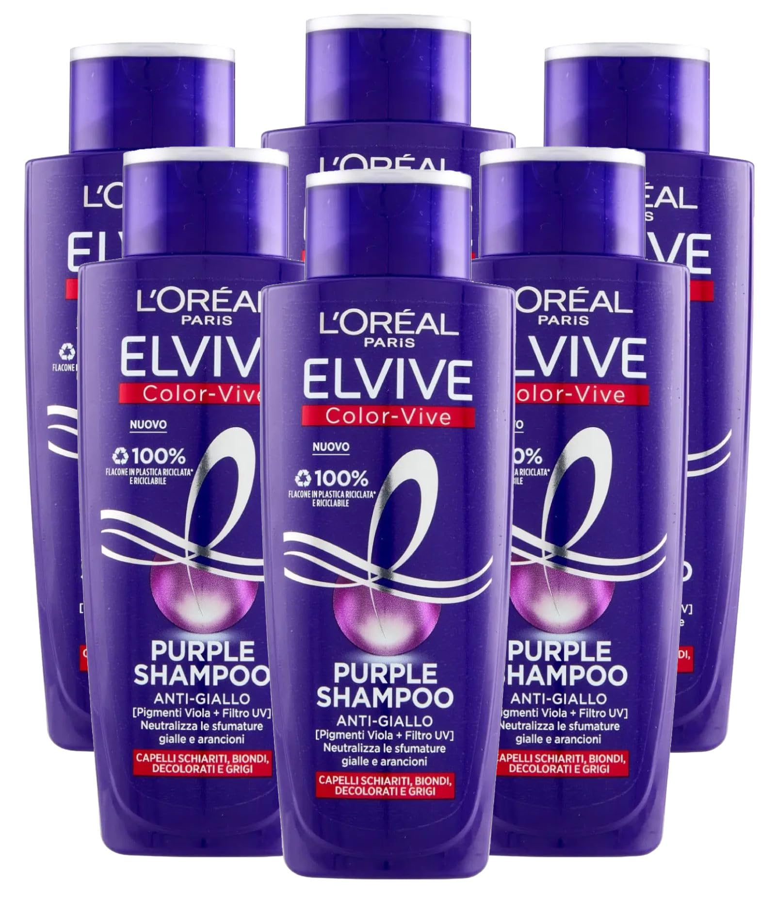 L'Oréal Paris Elvive Color Vive Purple Shampoo Anti Żółty do włosów Szary i Blond Odbarwiony neutralizuje żółte i pomarańczowe odcienie - 6 butelek 200 ml