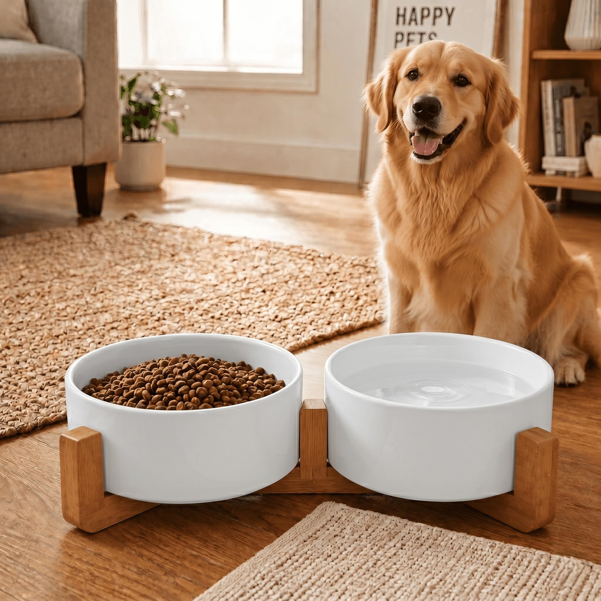 SPUNKYJUNKY Keramik-Napf-Set für Hunde und Katzen, mit Holzständer, modernes, niedliches gewichtetes Futternapf-Set für mittelgroße bis große Hunde (1,2 l, 2 × weiß)