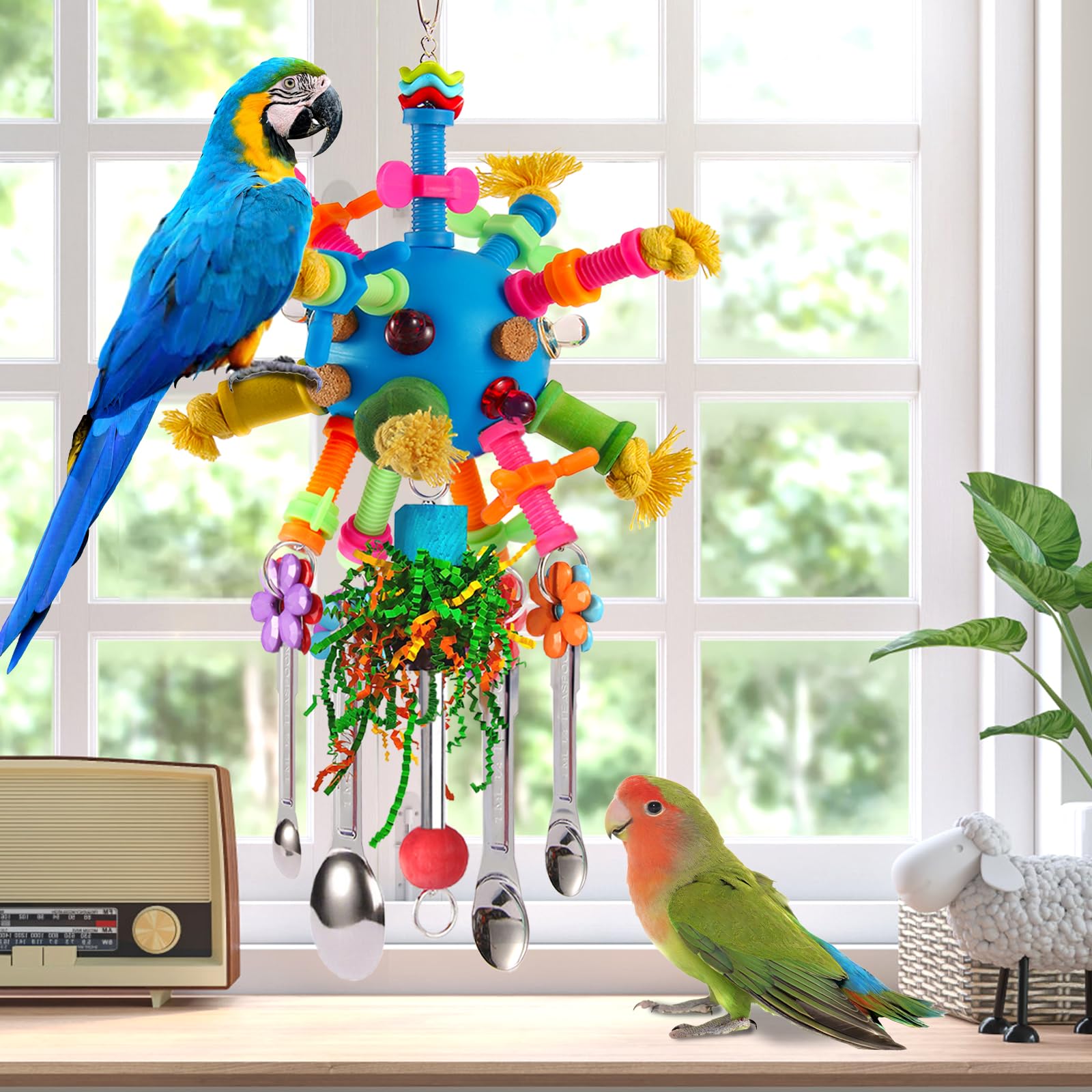 Parrot Toys Bird Toys Perch Pullable Stainless Steel Spoons Colorful Acrylic Stick Chew Toys for Amazons Mini Macaws African Greys Cockatoos Conures, Cockatiels, Lovebirds, Parrotlets and Other (blue) - image 5
