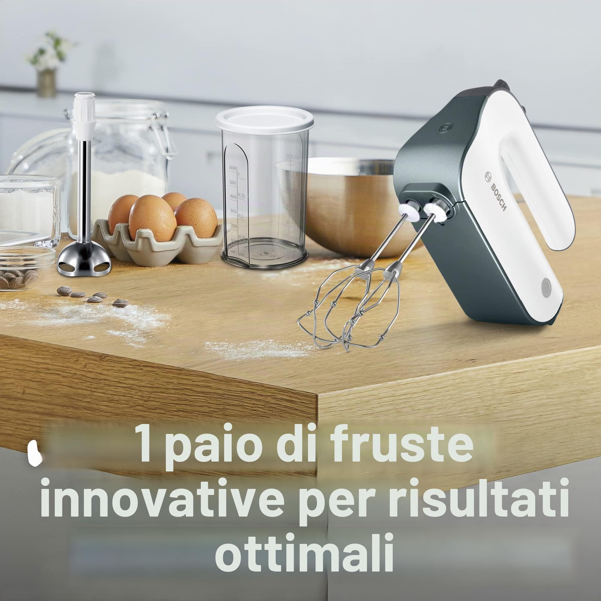 Bosch Styline MFQ49700 - Agitatore manuale a 5 livelli, 2 ganci per frusta e impastare, cavo a spirale, in acciaio inox, 850 W, bianco/argento scuro