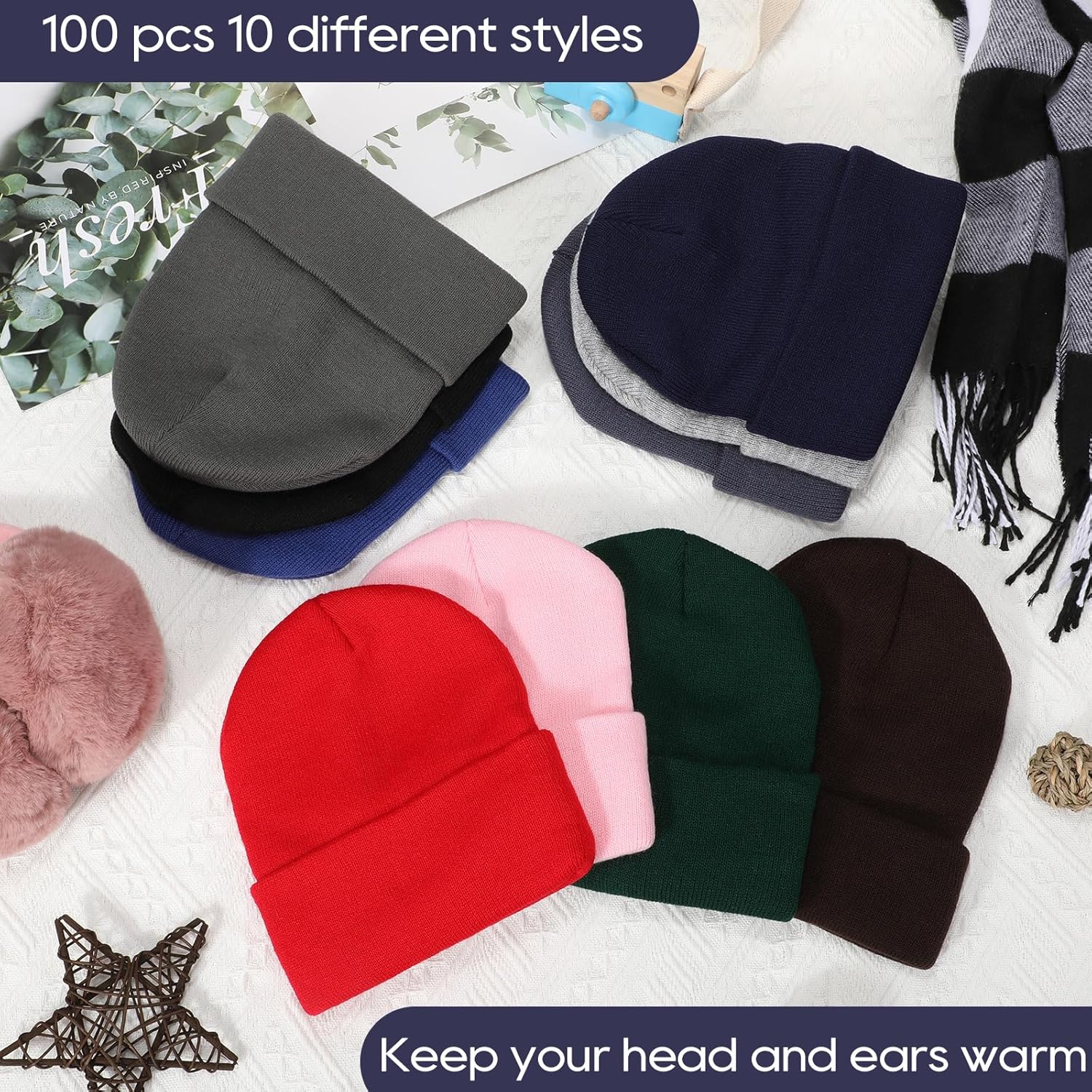 Suhine 100 Pieces Winter Beanies Knit Cuffed Hat Bulk Warm Beanie Cap for Men Women Homeless, Multicolored - Image 4