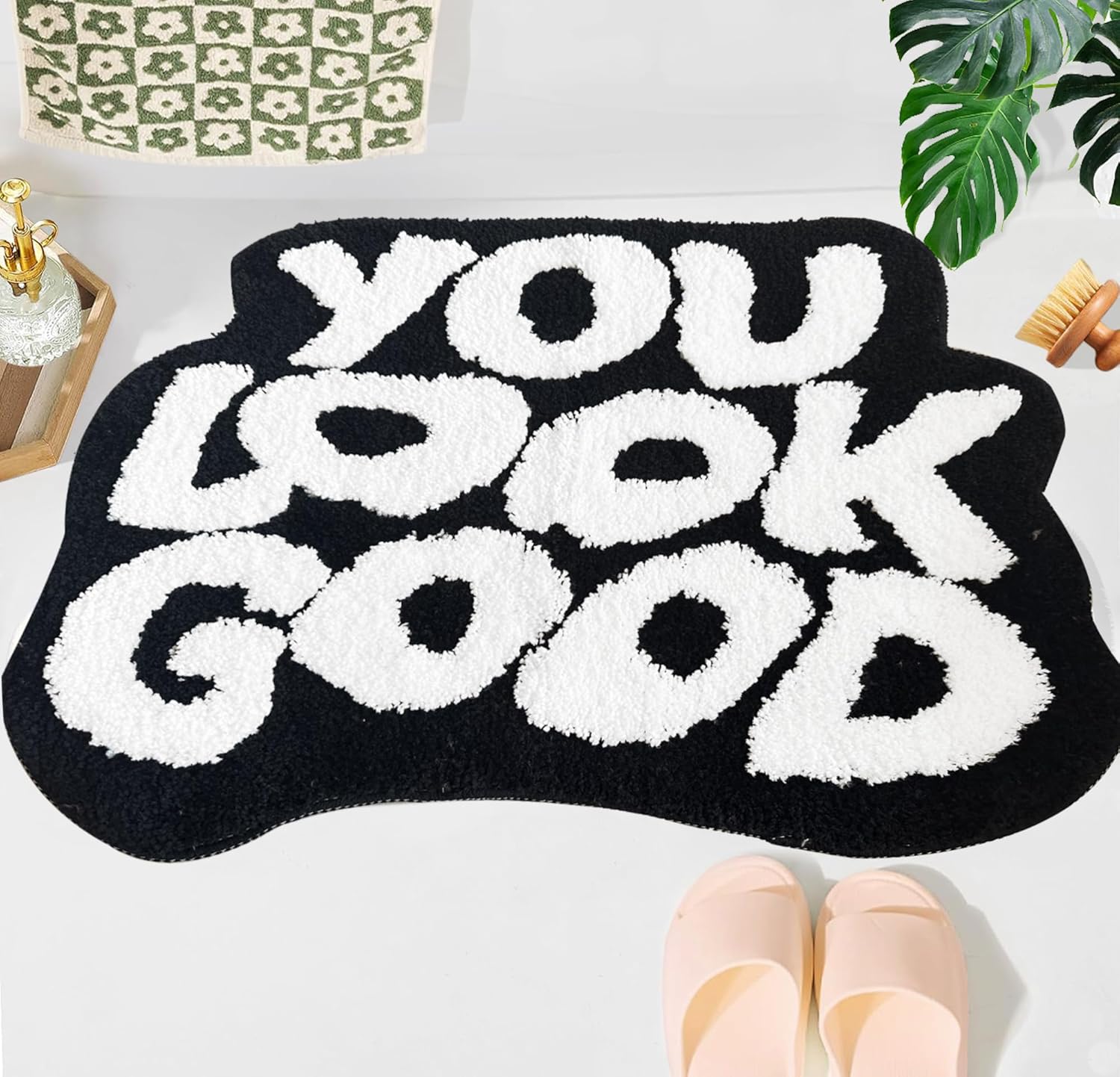 You Look Good Bath Mat, Cute Bath Rug for Bathroom, Non-Slip Funky Rug for Bedroom, Soft and Stylish Bathroom Mats (Black and White, 21" x 29") Black and White 1'9" x 2'5" (Rectangular)